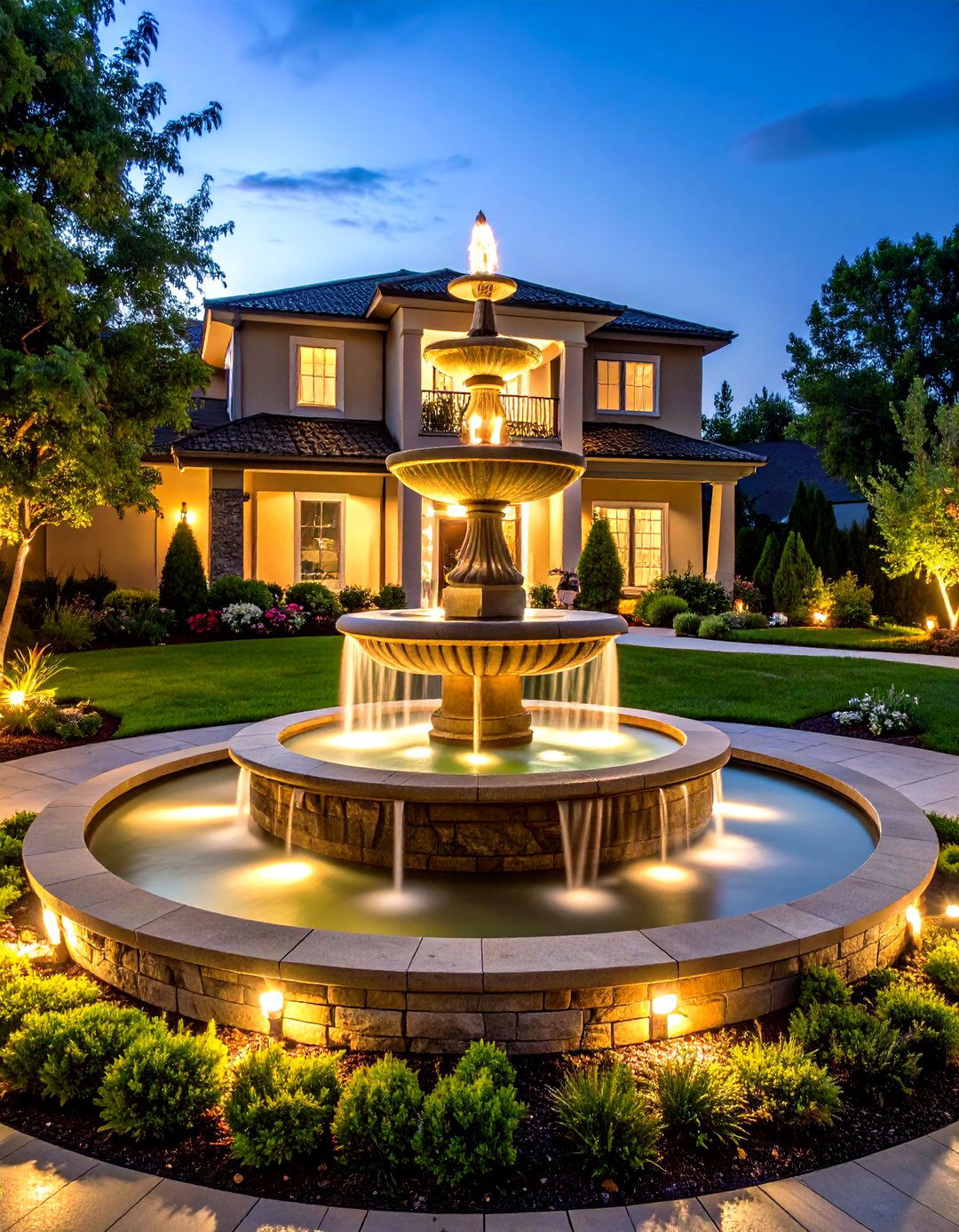 Fountain Centerpiece in a Circular Driveway - 20 Driveway Landscape Ideas