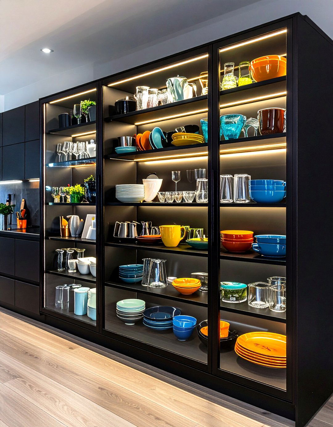 Frame Displays With Black Metal And Glass Cabinets - 20 Gray and Black Kitchen Ideas