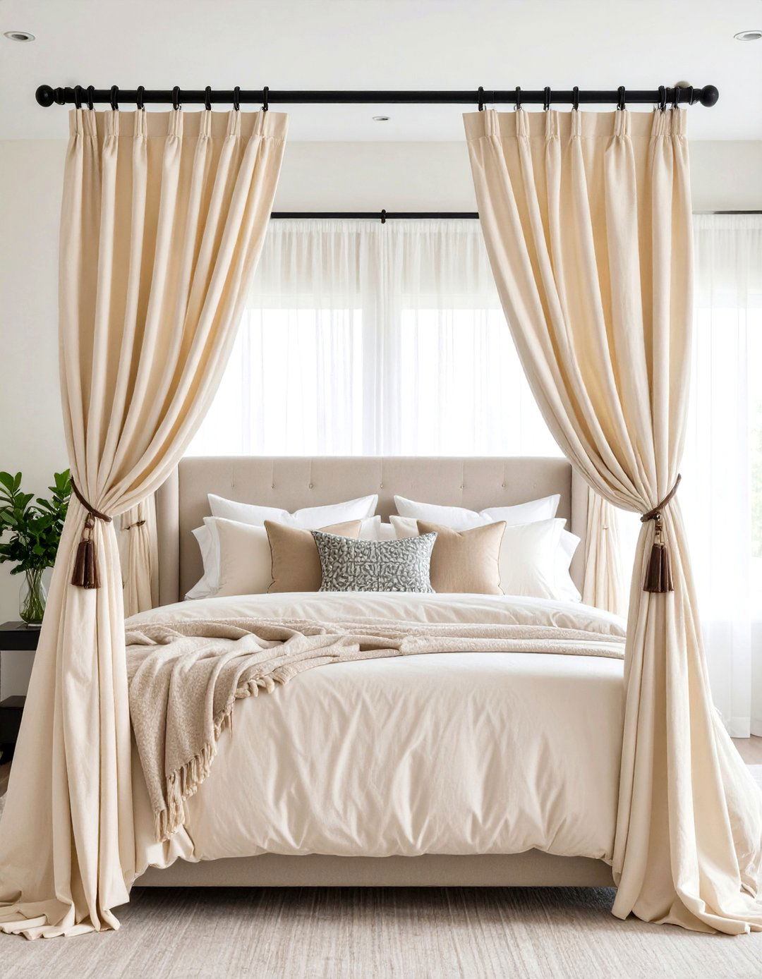 Frame Soft Drapes with Bold Black Hardware - 20 Cream and Black Bedroom Ideas