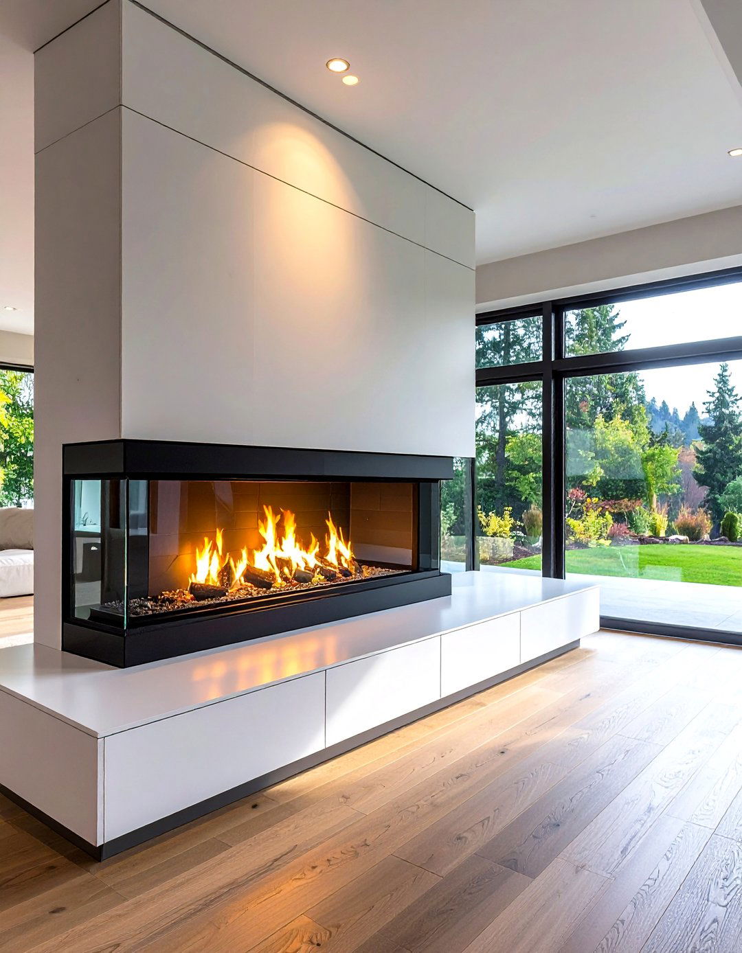 Frameless Black Glass Linear Fireplace on White Panel - 20 Black and White Fireplace Ideas