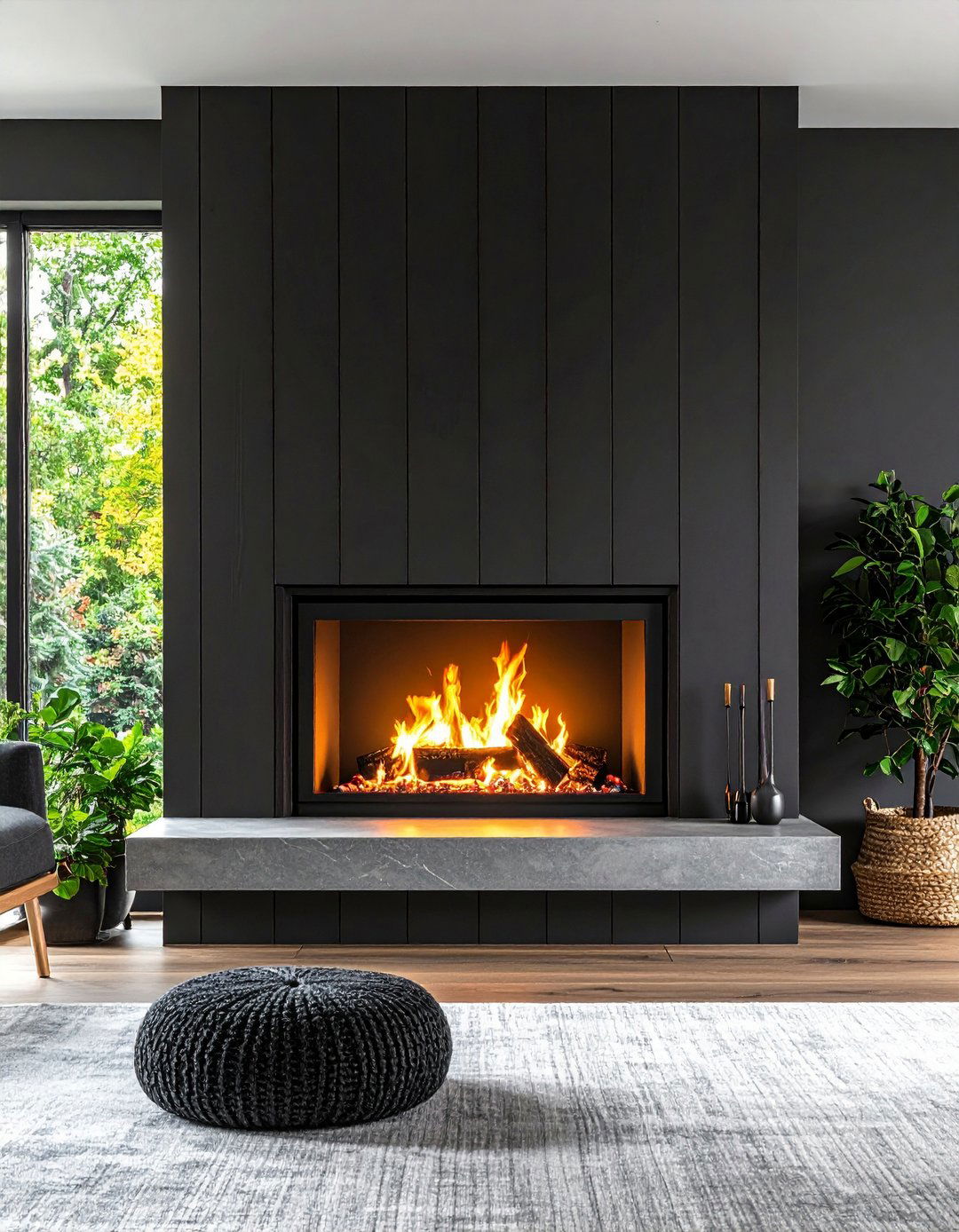 Frameless Insert in a Black Shiplap Fireplace - 20 Black Shiplap Fireplace Ideas