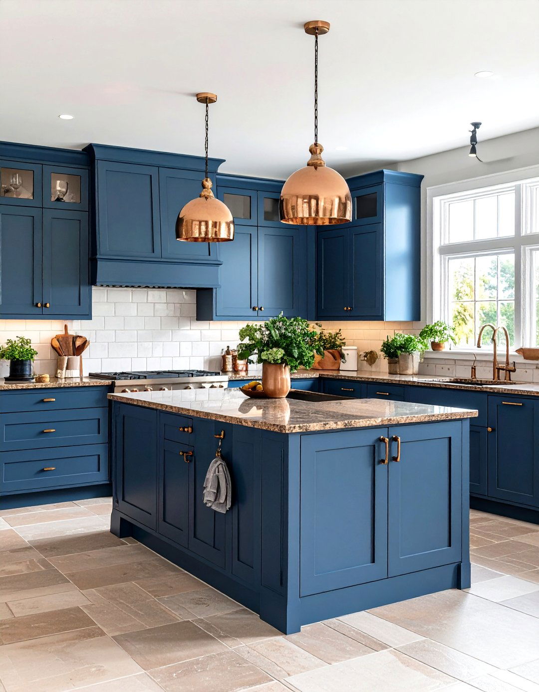 French Blue Kitchen Cabinets with Brown Granite and Copper Accents - 20 blue kitchen cabinets with brown granite countertops