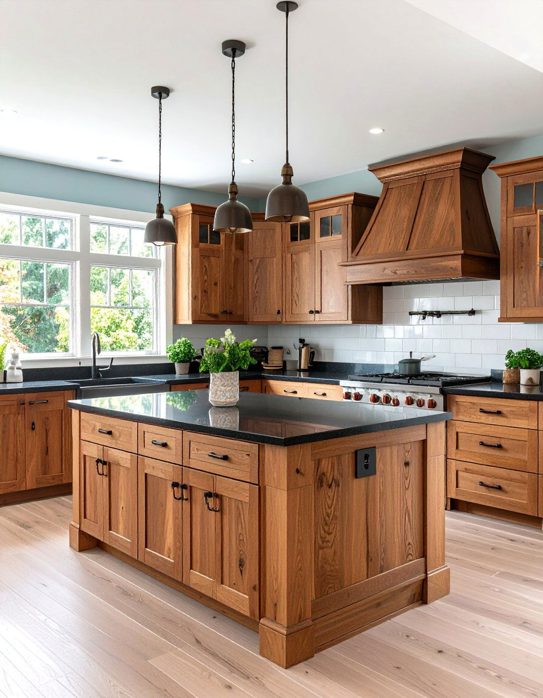 French Country Kitchen with Distressed Brown Cabinets and Black Limestone Countertops - 20 kitchen with brown cabinets and black countertops ideas