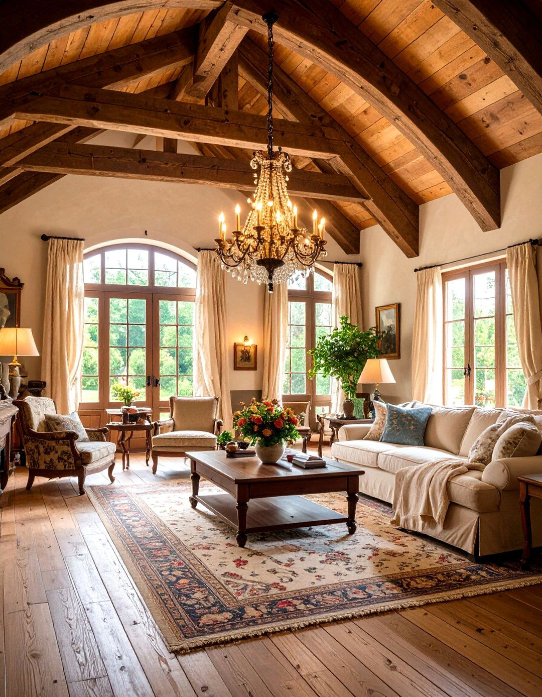 French Country Living Room Vaulted Ceiling with Vintage Elements - 20 Living Room Vaulted Ceiling Ideas