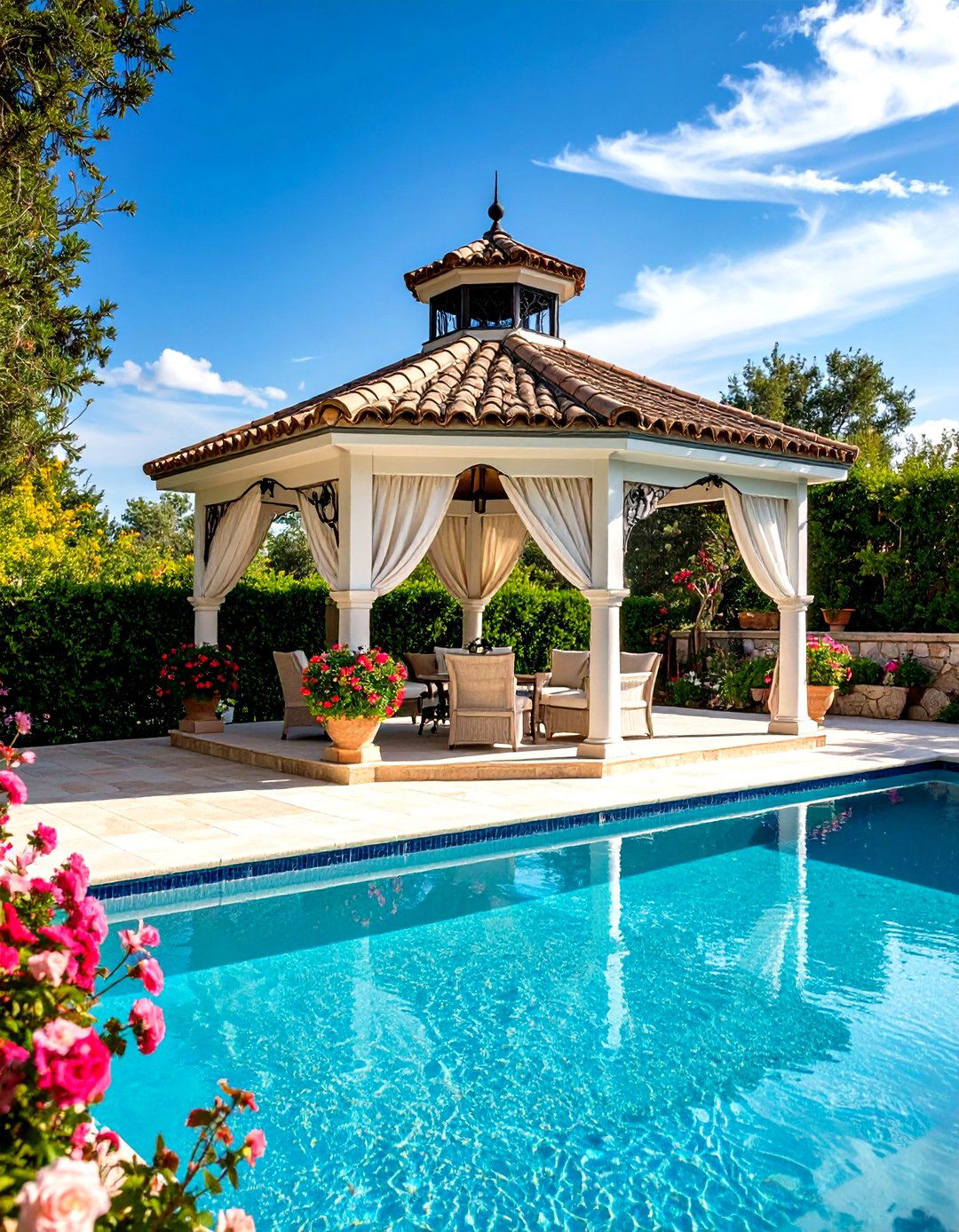 French Country Pool Gazebo with Limestone Details - 20 Pool Gazebo Ideas