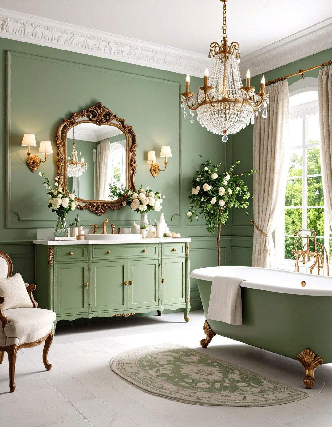 French Country Sage Green Bathroom with Shabby Chic Details - 20 Sage Green Bathroom Ideas