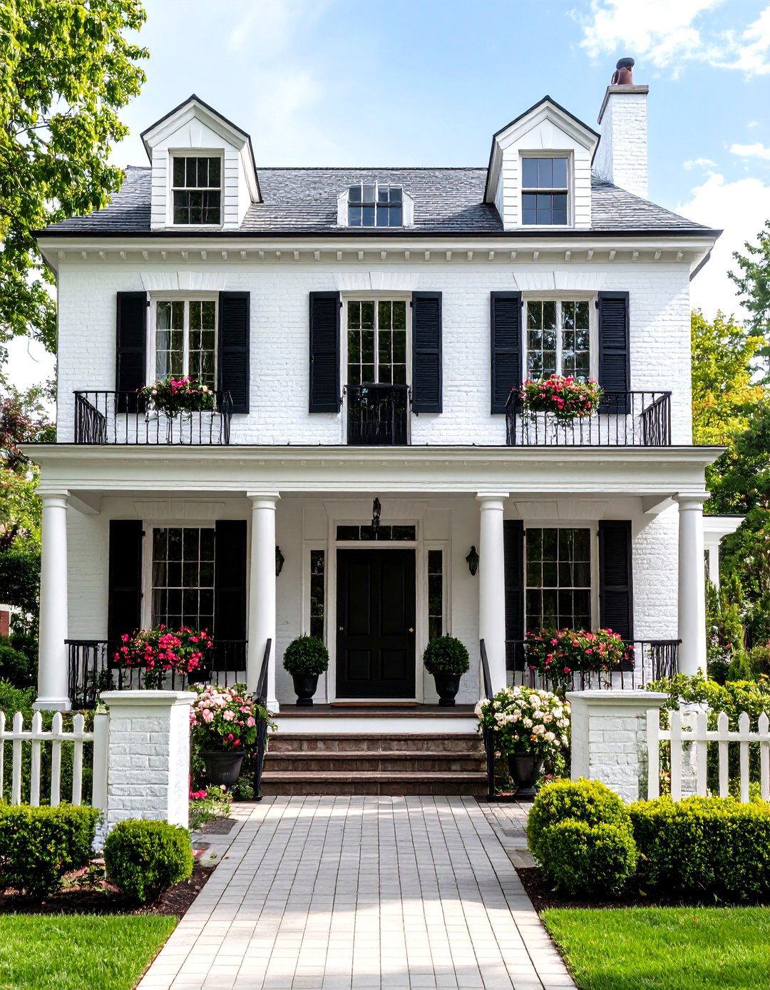 French Country White Brick House With Black Trim and Romantic Details - 20 White Brick House With Black Trim
