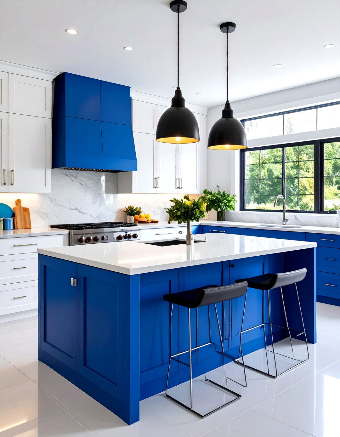 French Country White Kitchen Cabinets with Blue Island and Vintage Details - 20 White Kitchen Cabinets With Blue Island