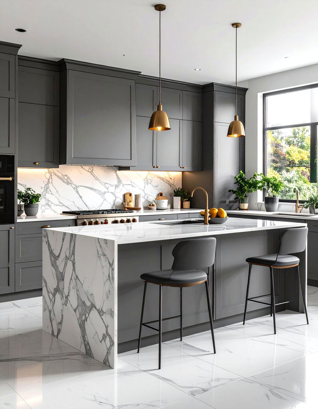 French Grey Cabinet Kitchen with Carrara Marble Surfaces - 20 Grey and White Kitchen Designs