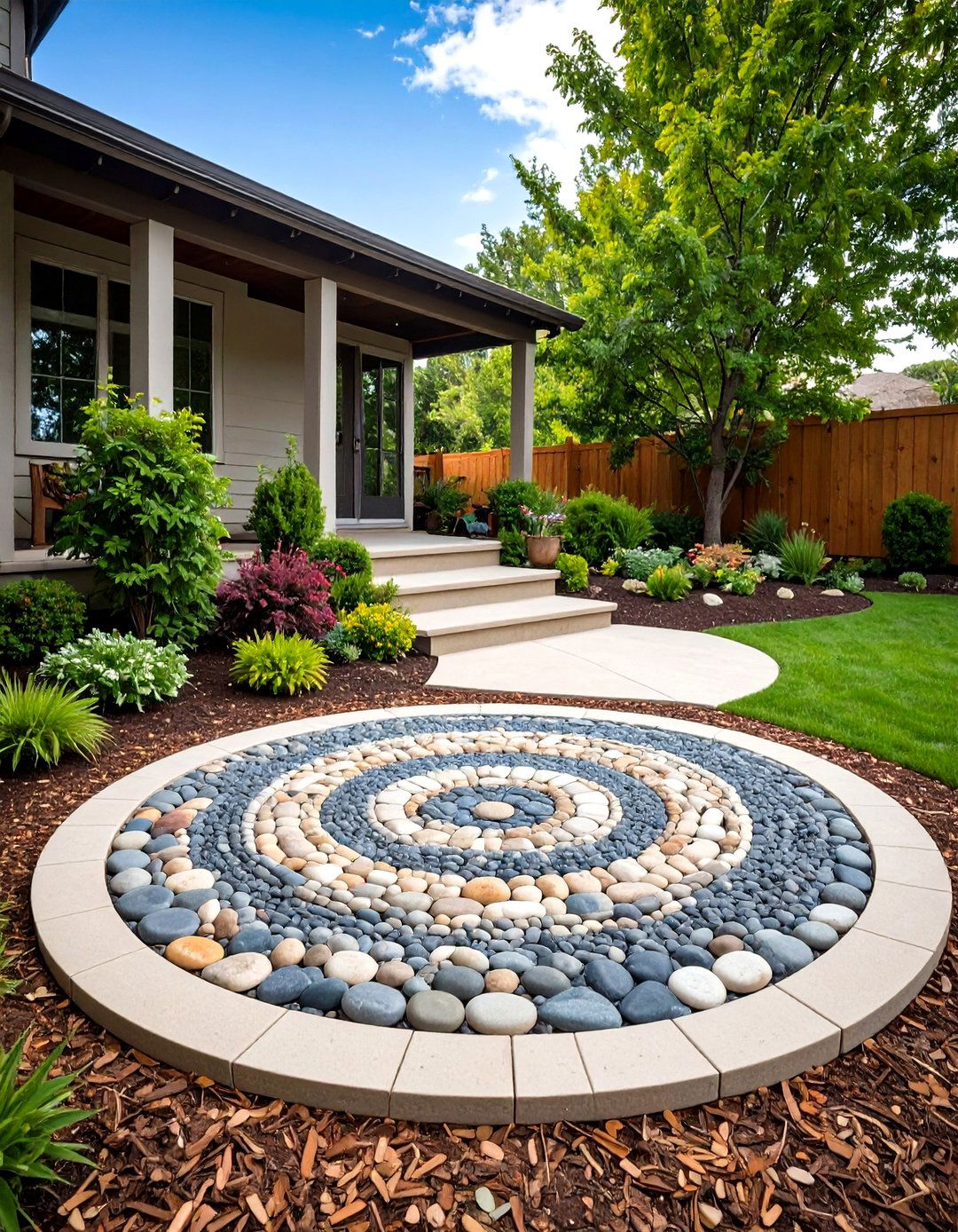 Front Entry Rock Mosaic Over Mulch Base - 20 Front Yard Landscaping Ideas With Rocks and Mulch