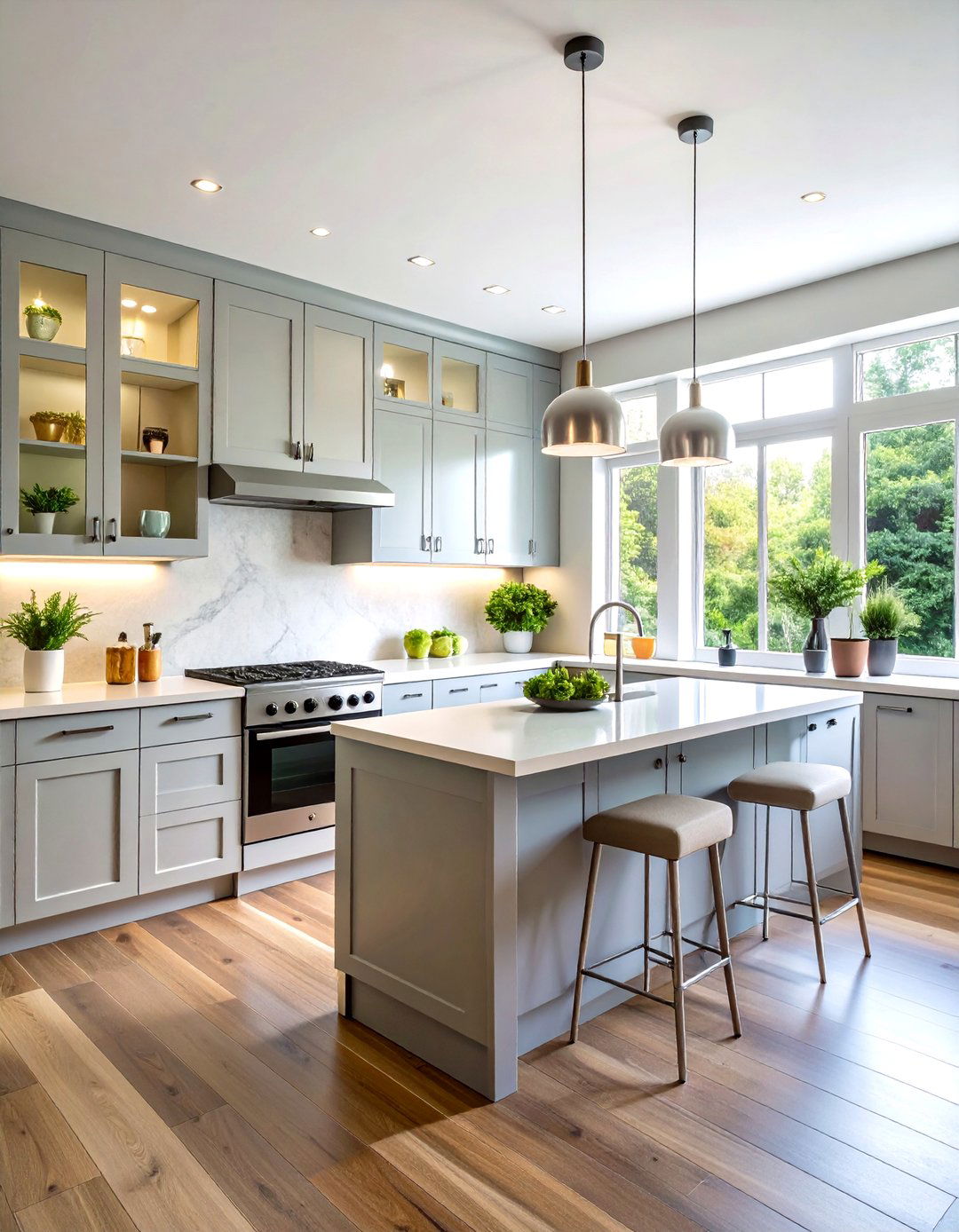 Frosted Glass Fronts Soften Lines - 20 Grey and White Kitchen Ideas