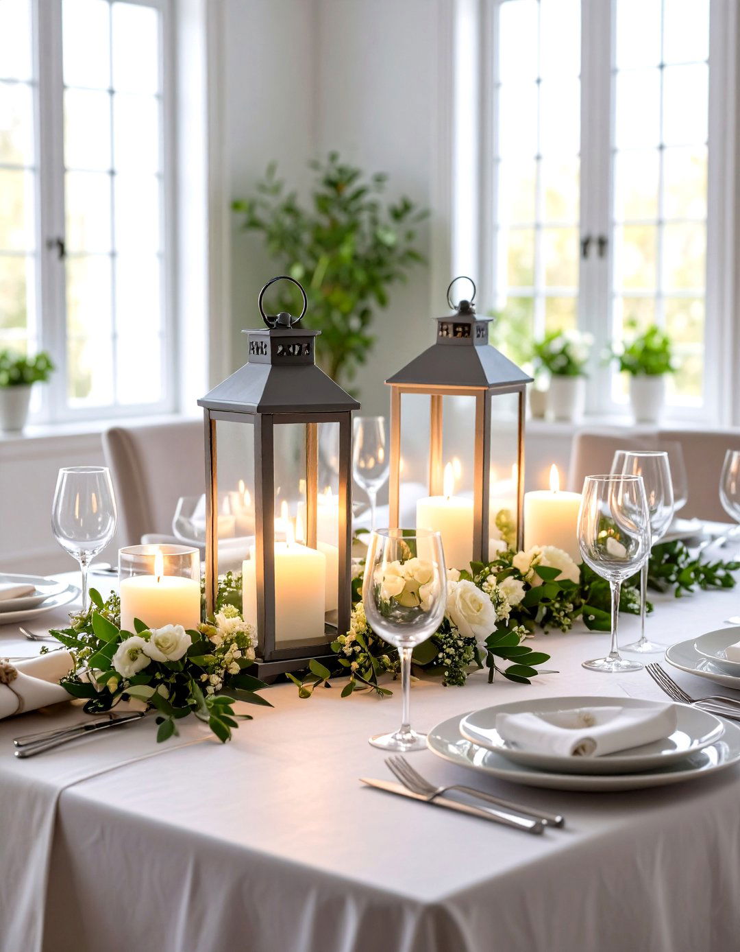 Frosted Glass Lantern Centerpiece with Battery Operated LED Candles - 20 Lantern Centerpiece Ideas