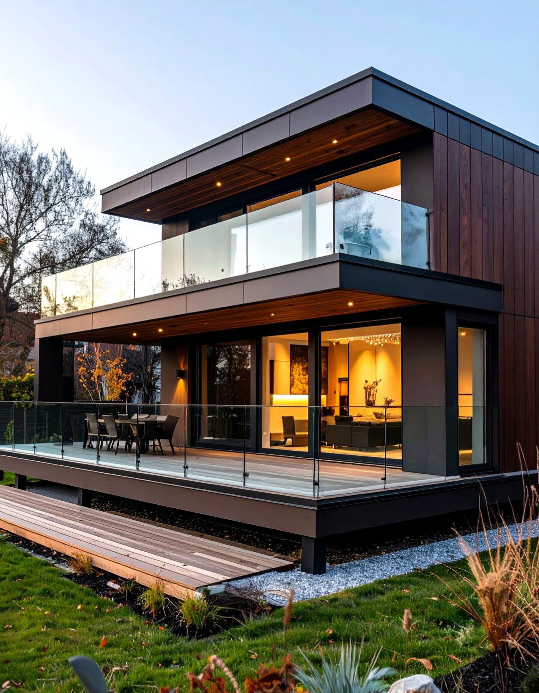 Frosted Glass Railings Contrast a Dark Brown House Exterior - 20 Dark Brown House Exterior Ideas