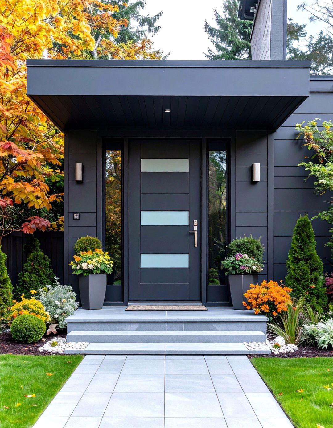 Frosted Glass Ribbon Accents - 20 Dark Gray Front Door Ideas