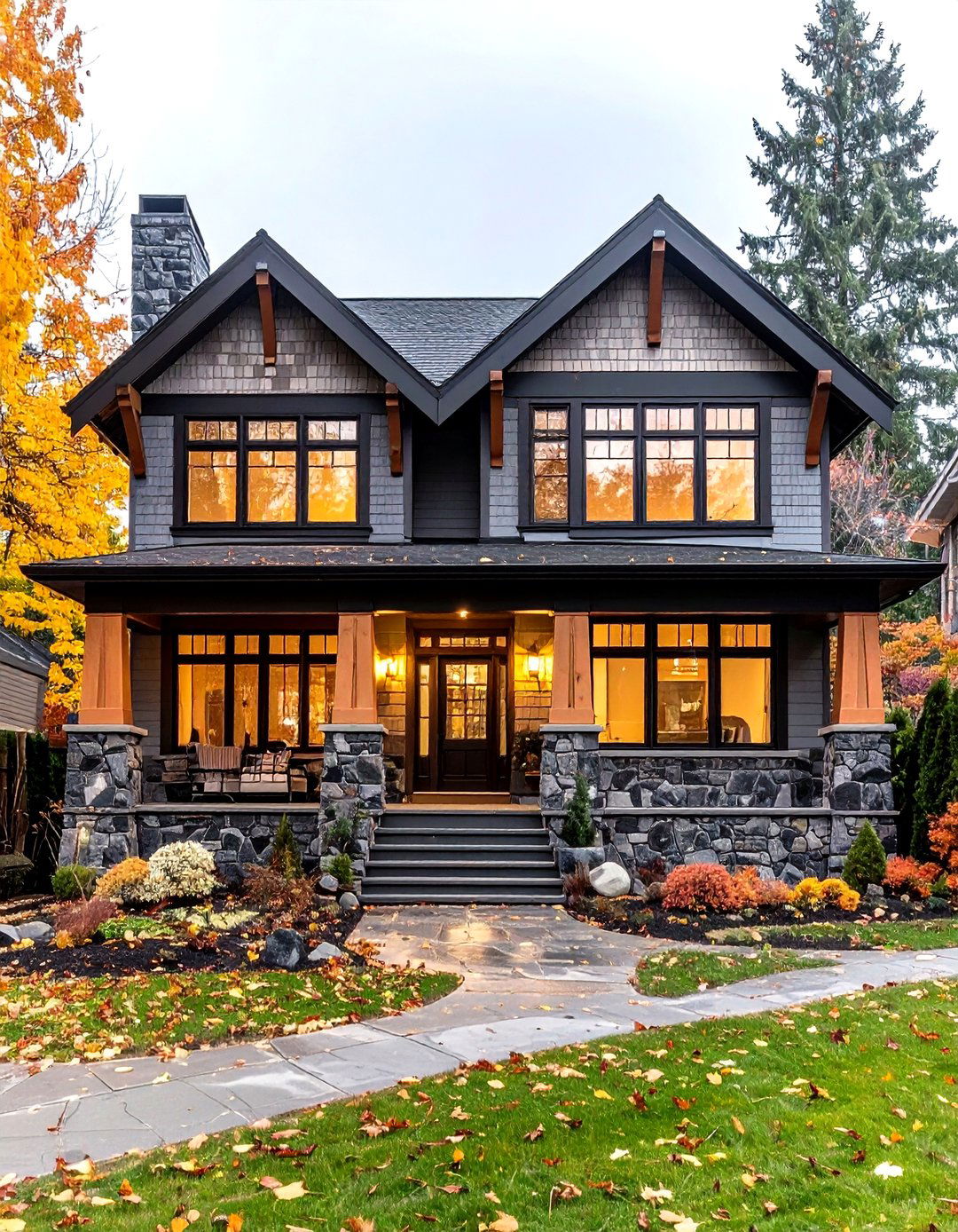 Frosty Grey Craftsman plus Black Stone Details - 20 Grey House With Black Trim