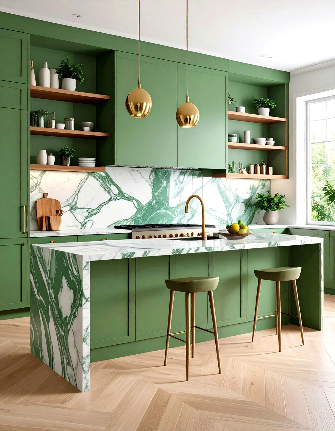 Full Height Slab Backsplash Continuation - 20 Green Marble Countertop Design Ideas
