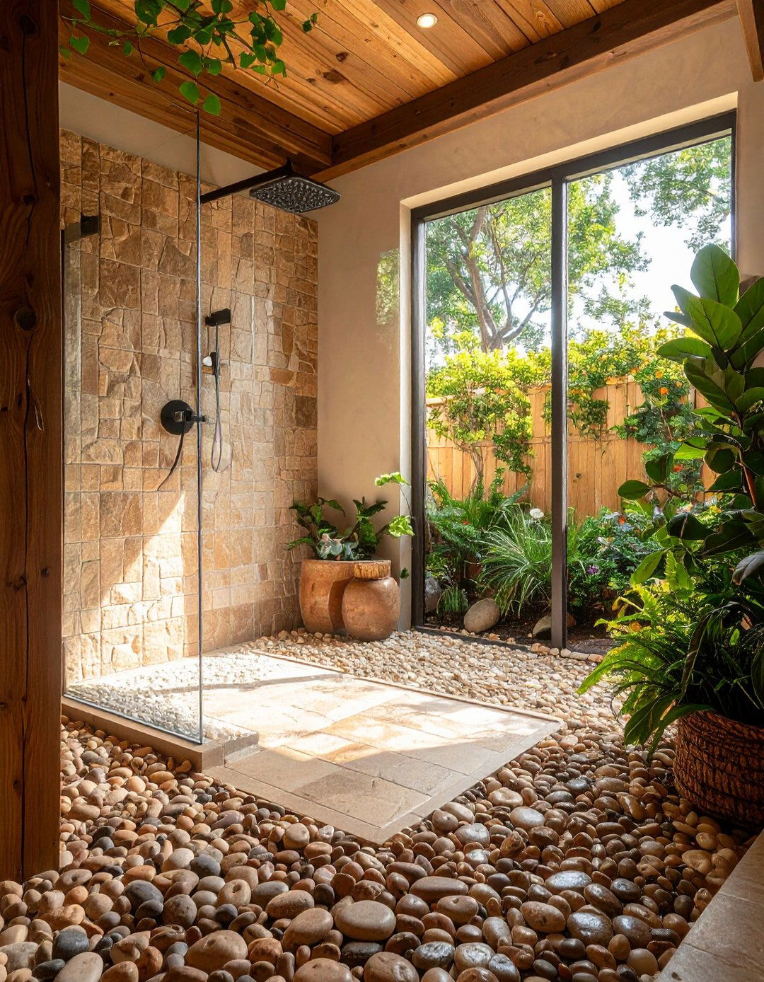 Full Pebble Coverage - 20 Rustic Walk-in Shower Ideas