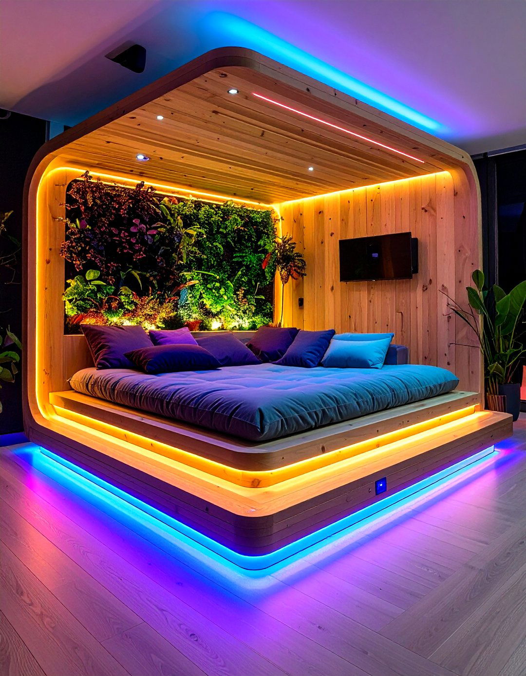 Futon Stage with LED Strip Lighting - 20 Futon Bedroom Ideas