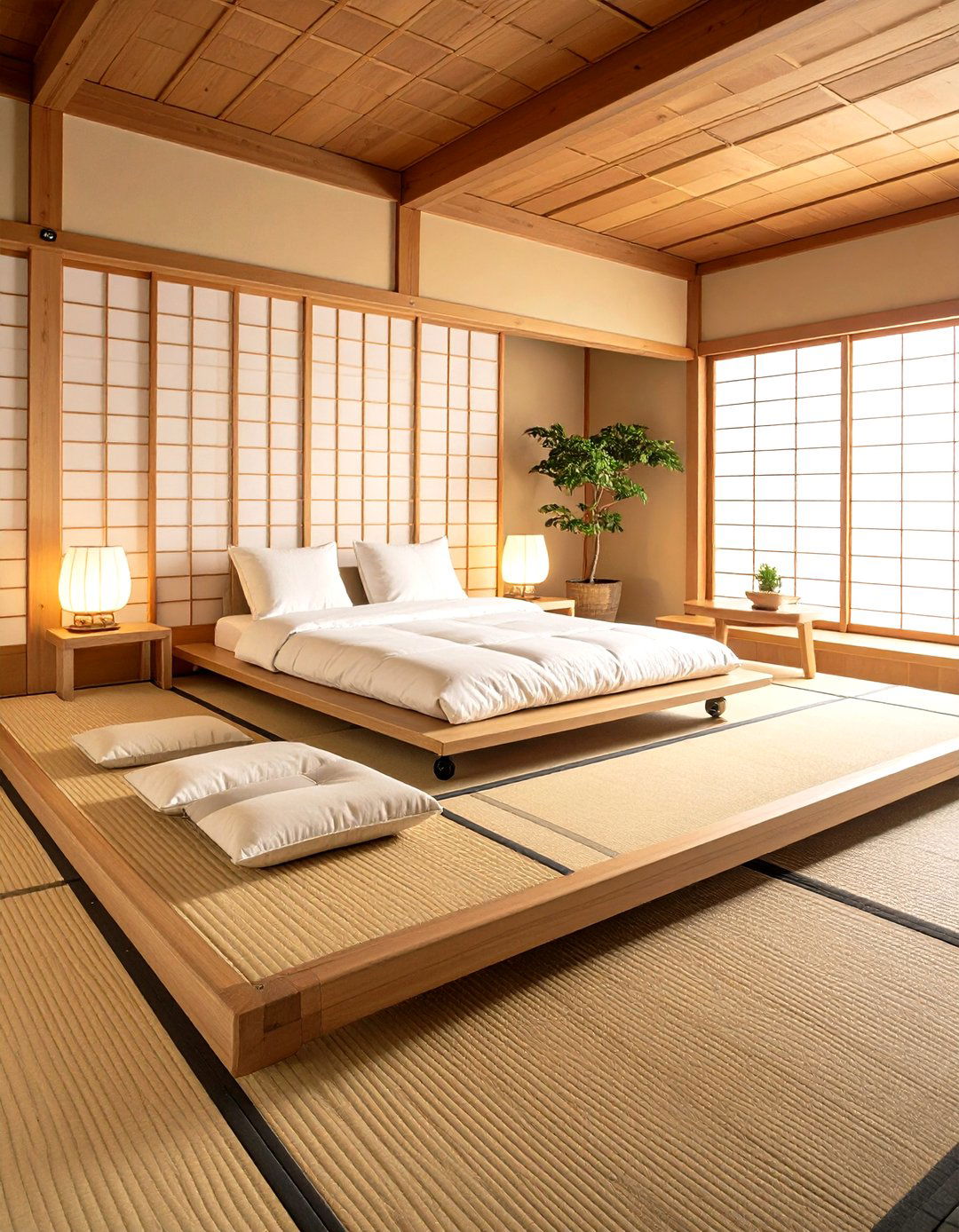 Futon on a Rolling Tatami Platform for Flexibility - 20 Futon Bedroom Ideas