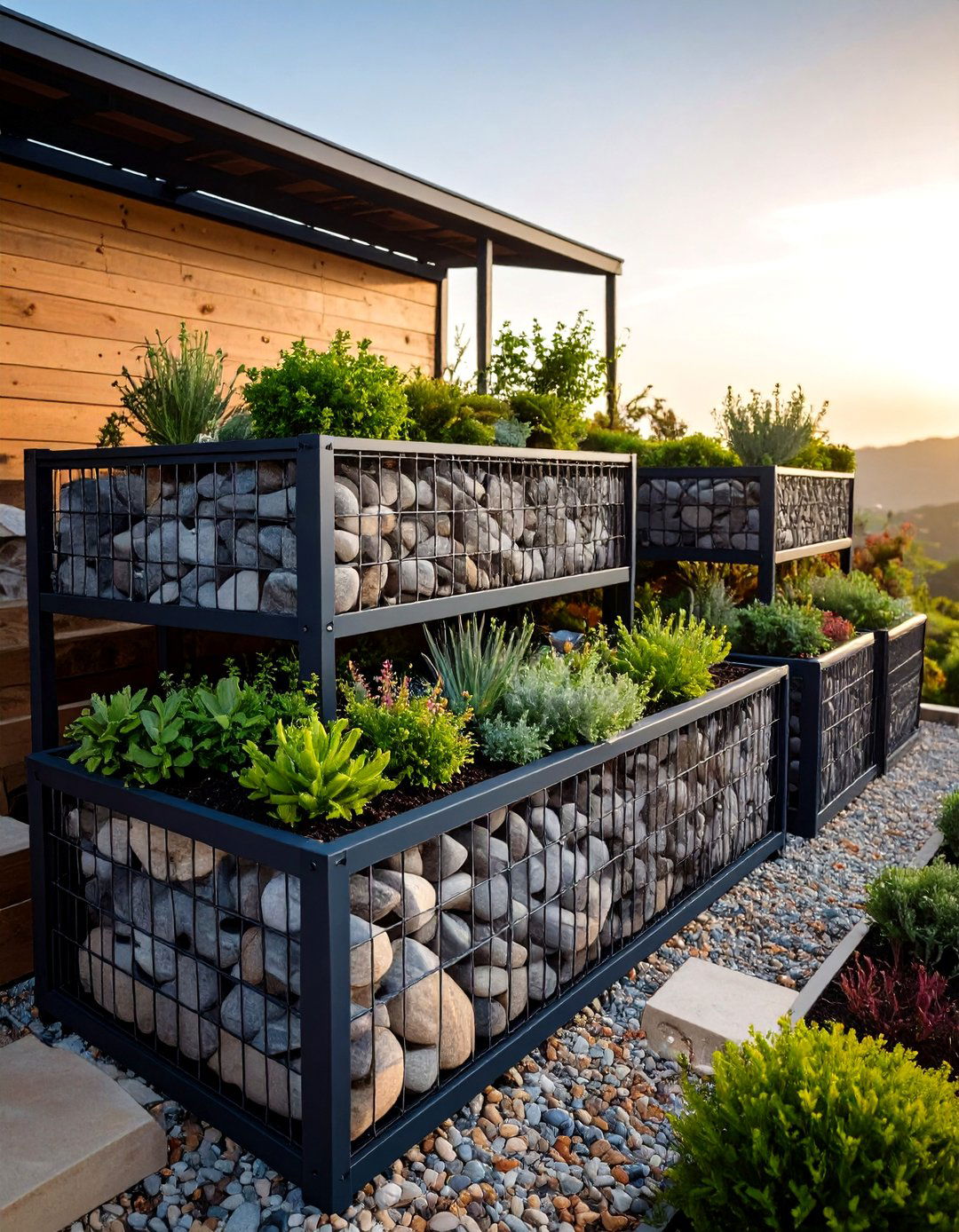 Gabion Basket Terraced Garden Walls for Industrial Flair - 20 Hillside Terraced Garden Ideas
