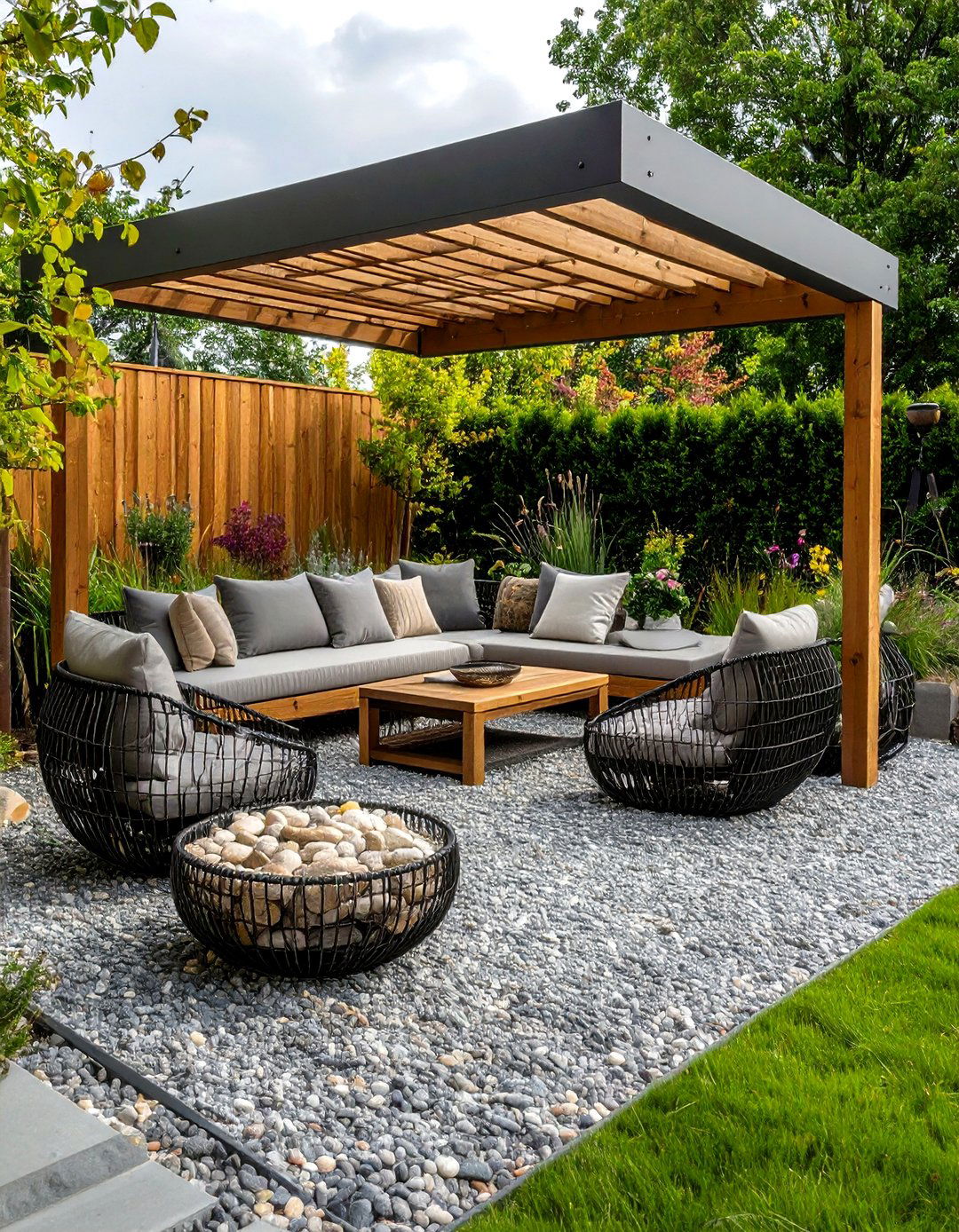 Gabion Edged Gravel Seating Area - 20 Gravel Garden Ideas