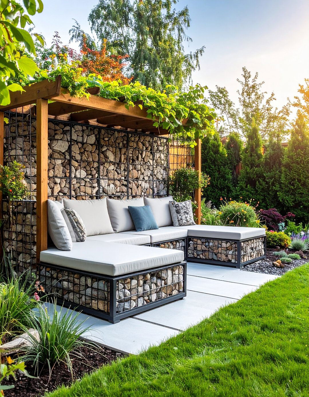 Gabion Seating Walls that Double as Backyard Art - 20 Down Sloped Backyard Ideas