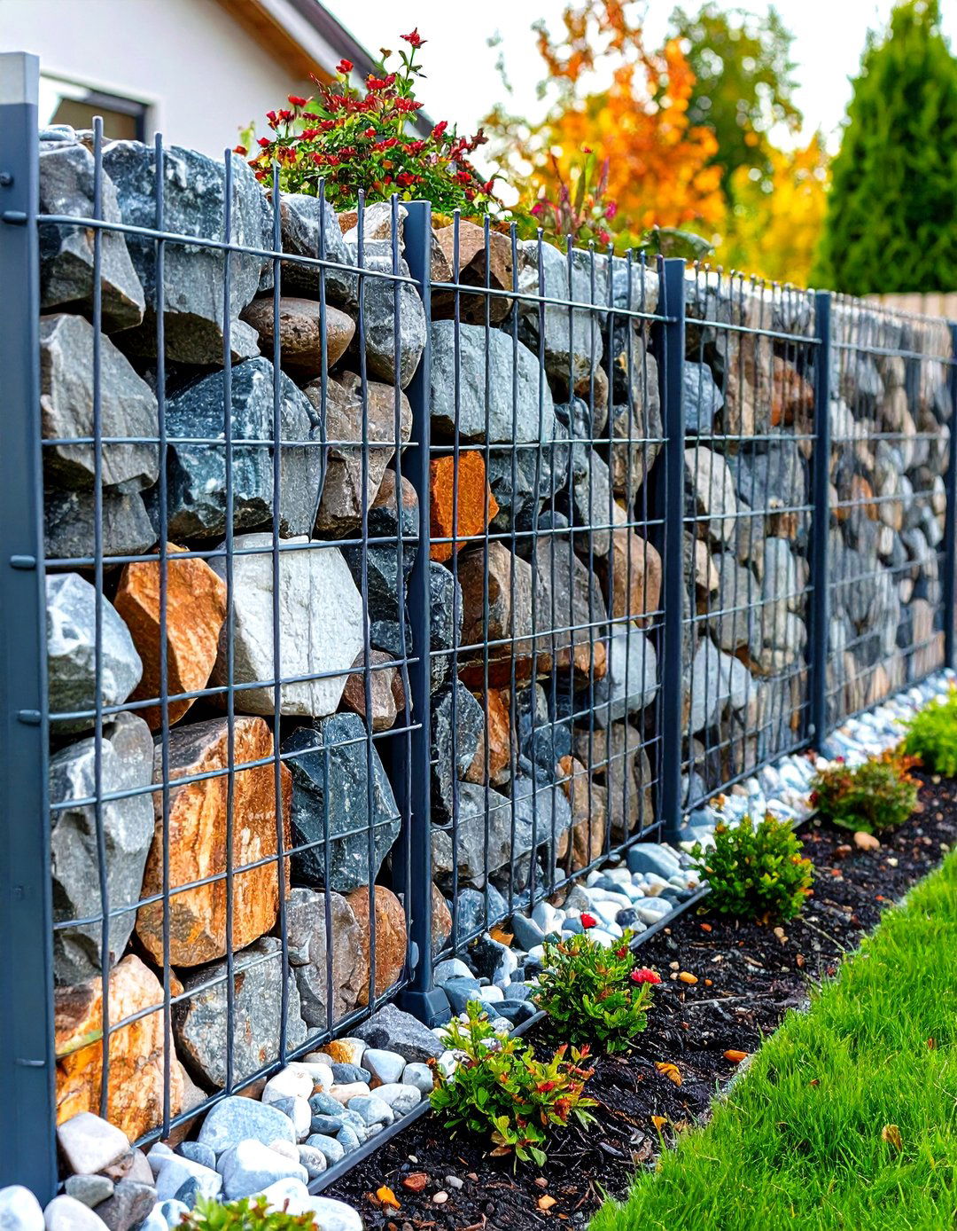 Gabion Style Garden Edging with Wire and Stone - 20 Modern Garden Edging Ideas