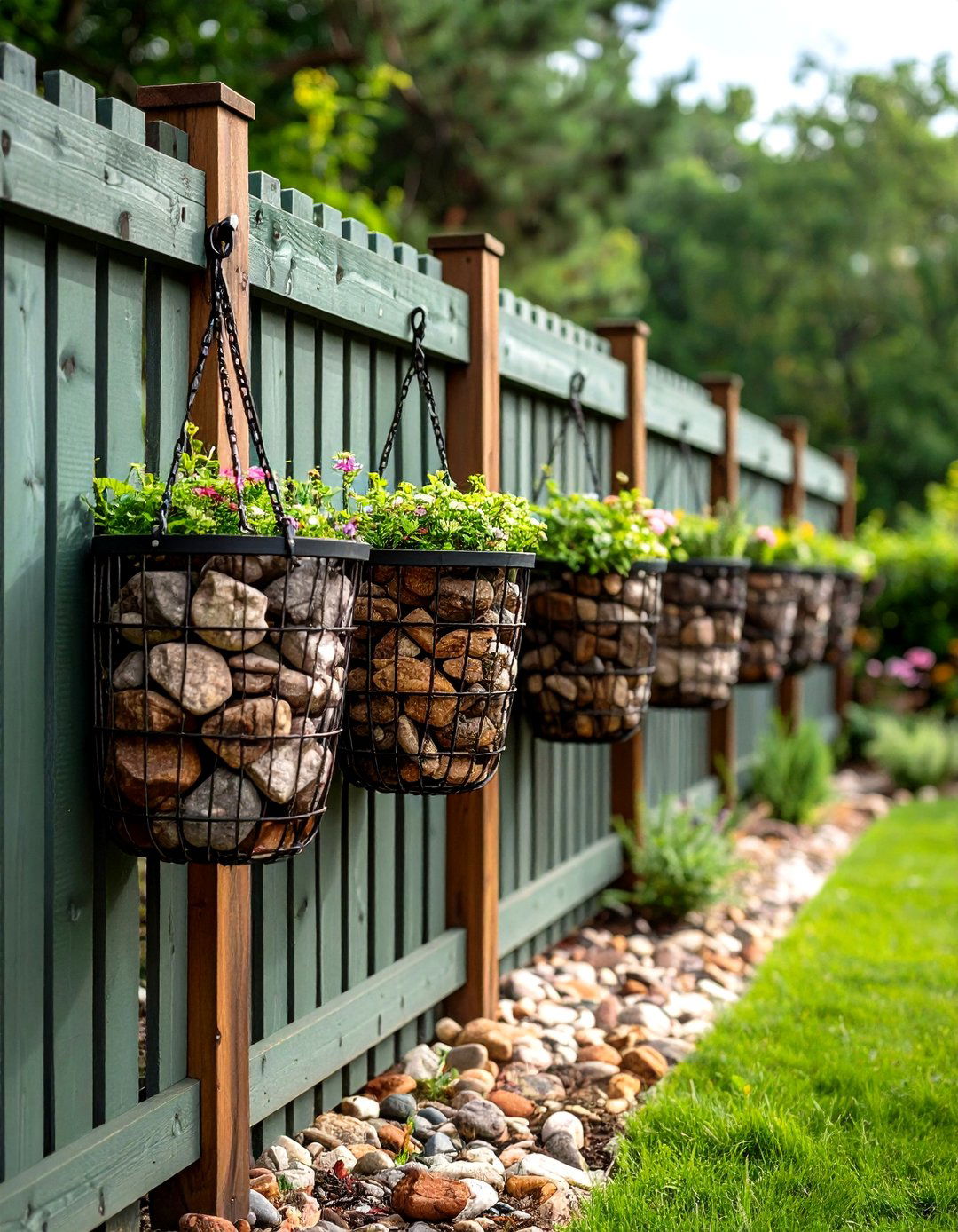 Gabion and Sage Green Timber - 20 Sage Green Garden Fence Ideas