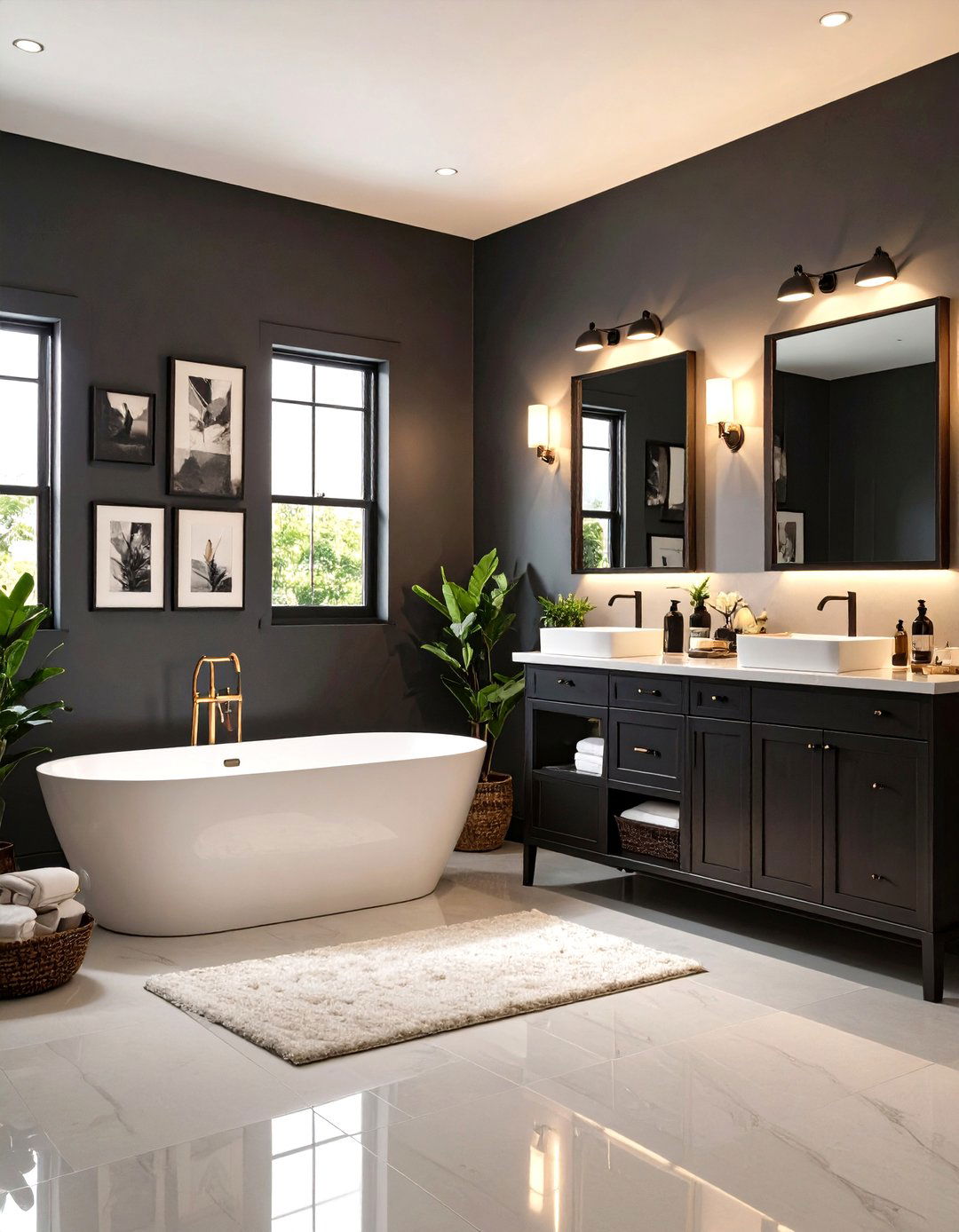Gallery Style Artwork Shines Against Inky Walls - 20 Dark Bathroom Ideas