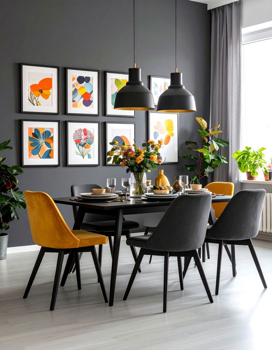 Gallery Wall Art Enlivens a Gray Dining Room - 20 Gray Dining Room Ideas