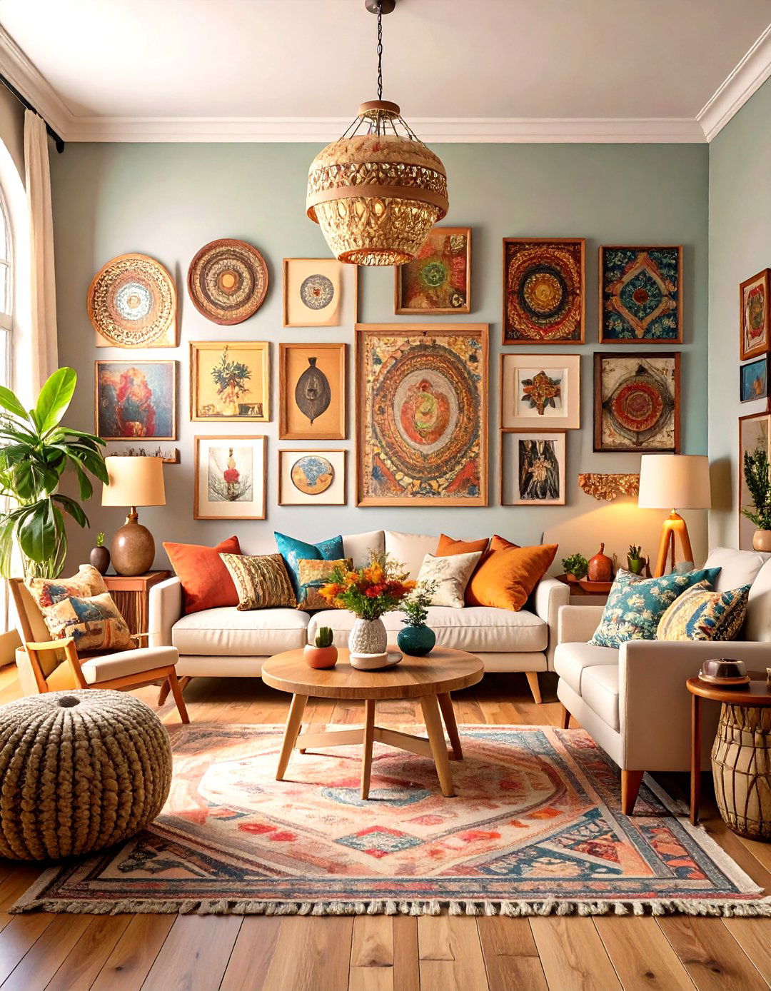 Gallery Wall Boho Living Room Art Showcase - 20 Colorful Boho Living Room Ideas