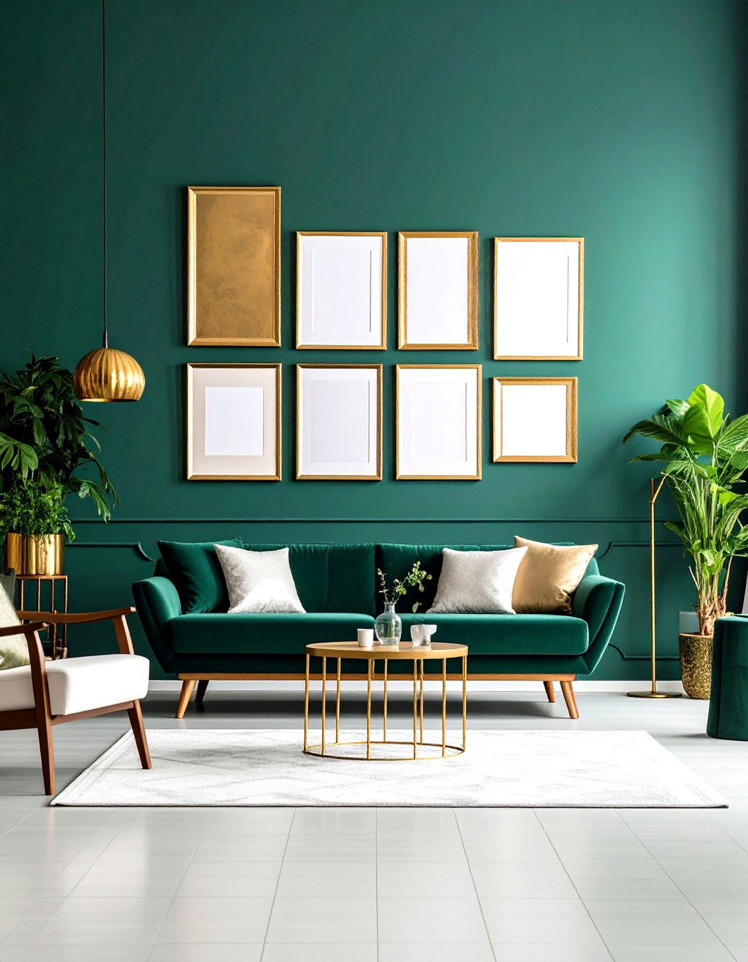 Gallery Wall of Gold Frames on Deep Green - 20 Emerald Green and Gold Living Room Ideas