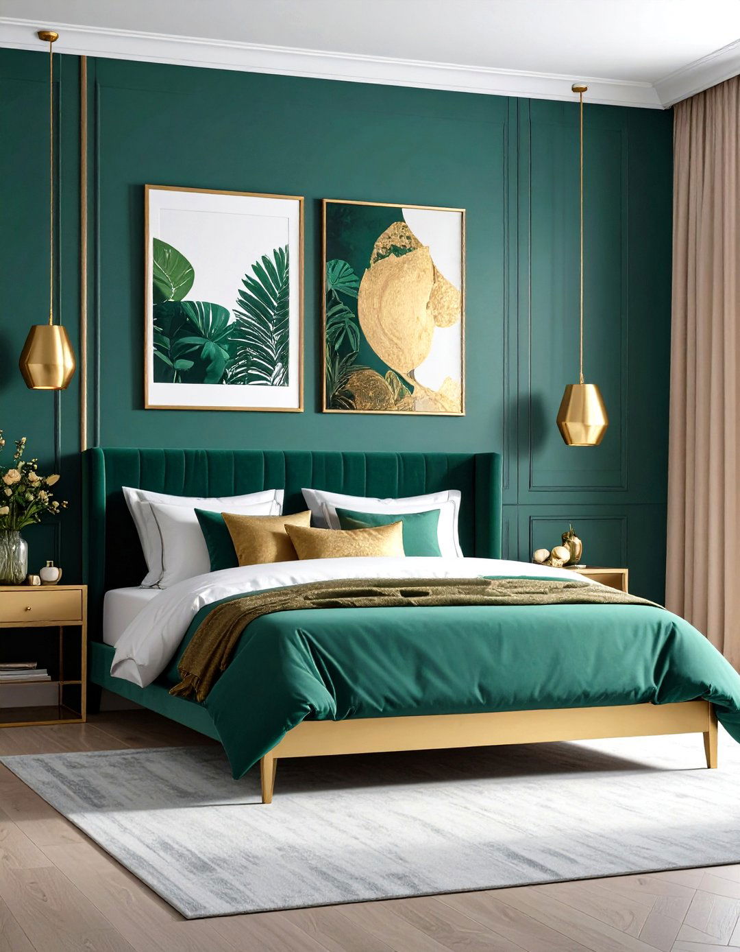Gallery Wall of Green and Gold Artwork - 20 Emerald Green and Gold Bedroom Ideas