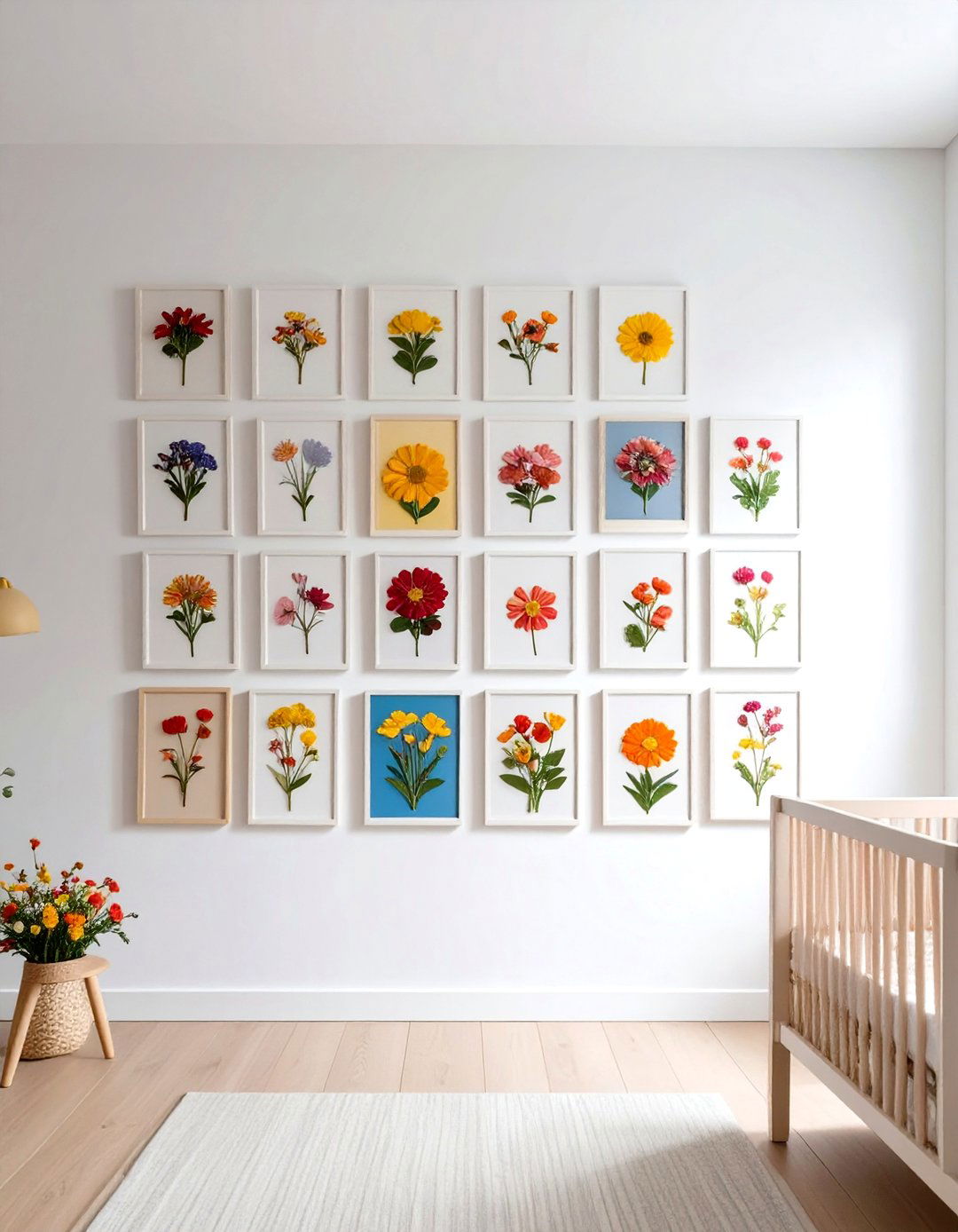 Gallery Wall of Pressed Flower Art - 20 Floral Nursery Ideas