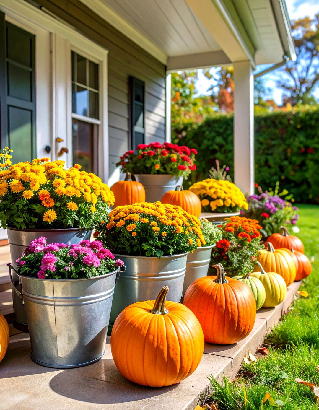 Galvanized Metal Fall Porch Container Garden - 20 Fall Porch Decor Ideas