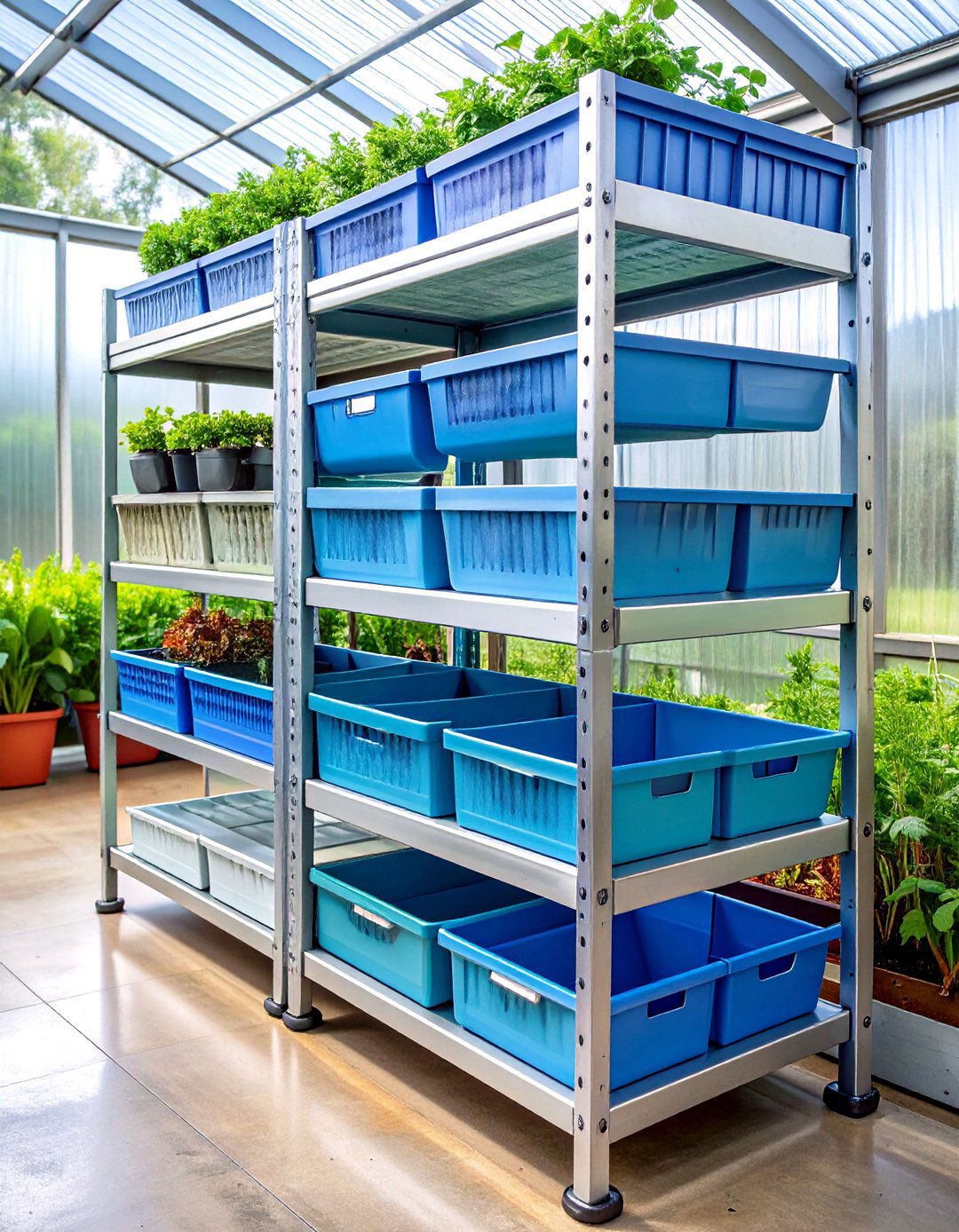 Galvanized Steel Tray Greenhouse Shelving with Built In Drain - 20 Greenhouse Shelving Ideas