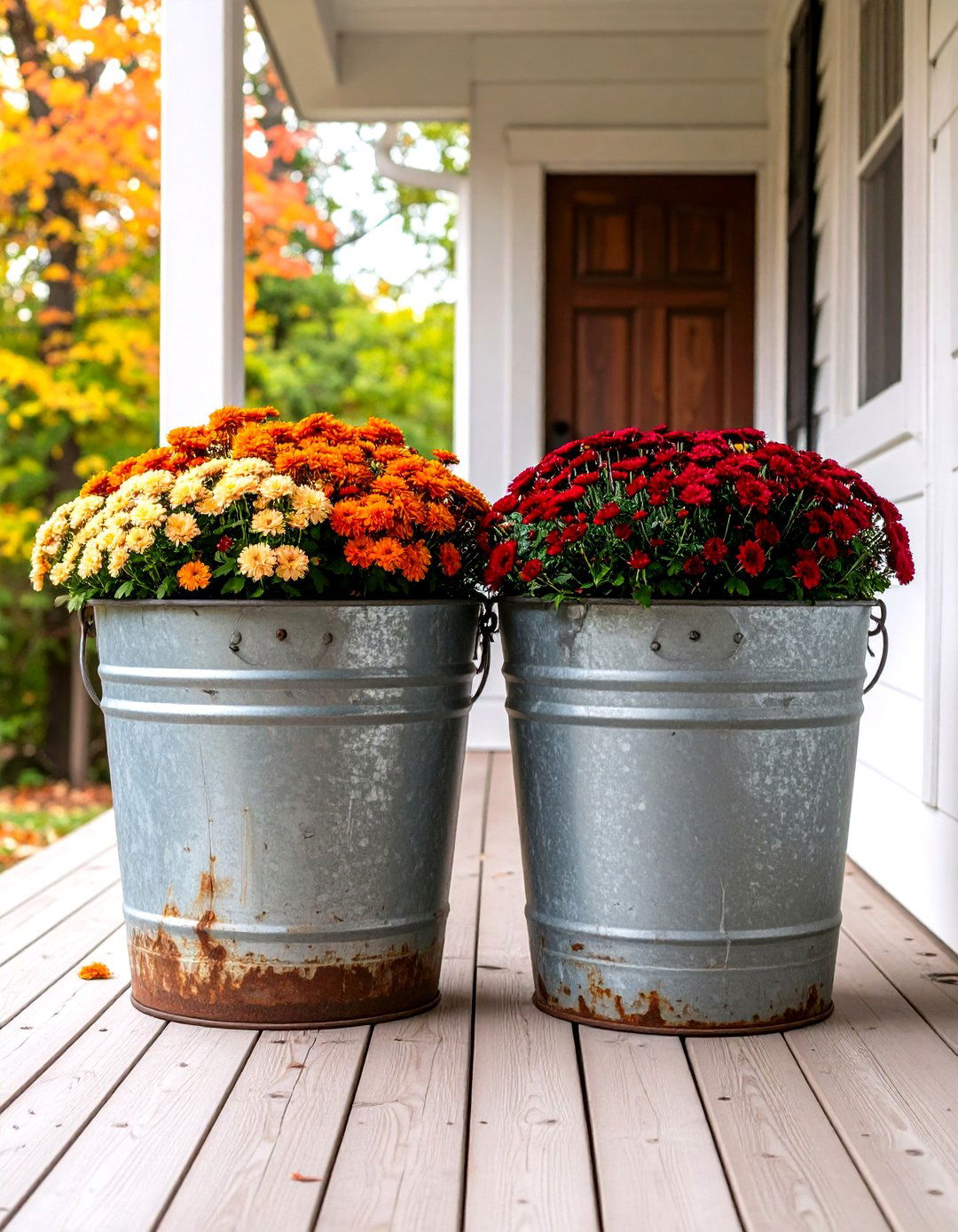 Galvanized Tub Mums Framing the Front Door - 20 Front Door Fall Decor Ideas