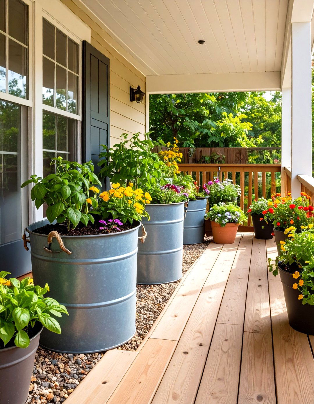 Galvanized Tub Planters Clustered on the Farmhouse Porch - 20 Farmhouse Porch Ideas