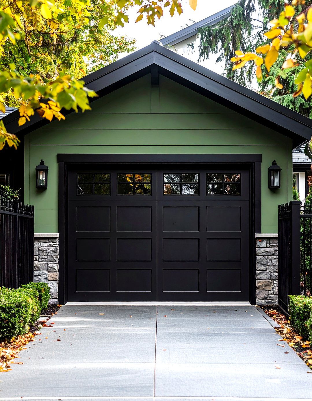 Garage Door and Additional Black Elements - 20 Sage Green House With Black Door