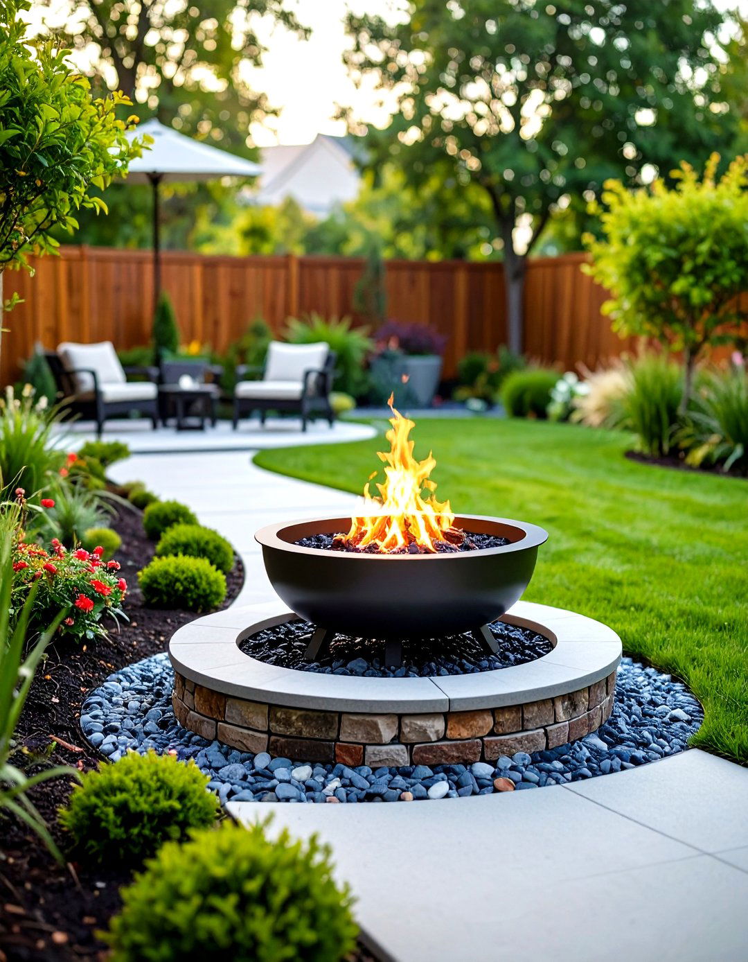 Garden Path Overlay Stamped Concrete Patio with Portable Fire Pit on Heat Pad - 20 stamped concrete patio with fire pit ideas
