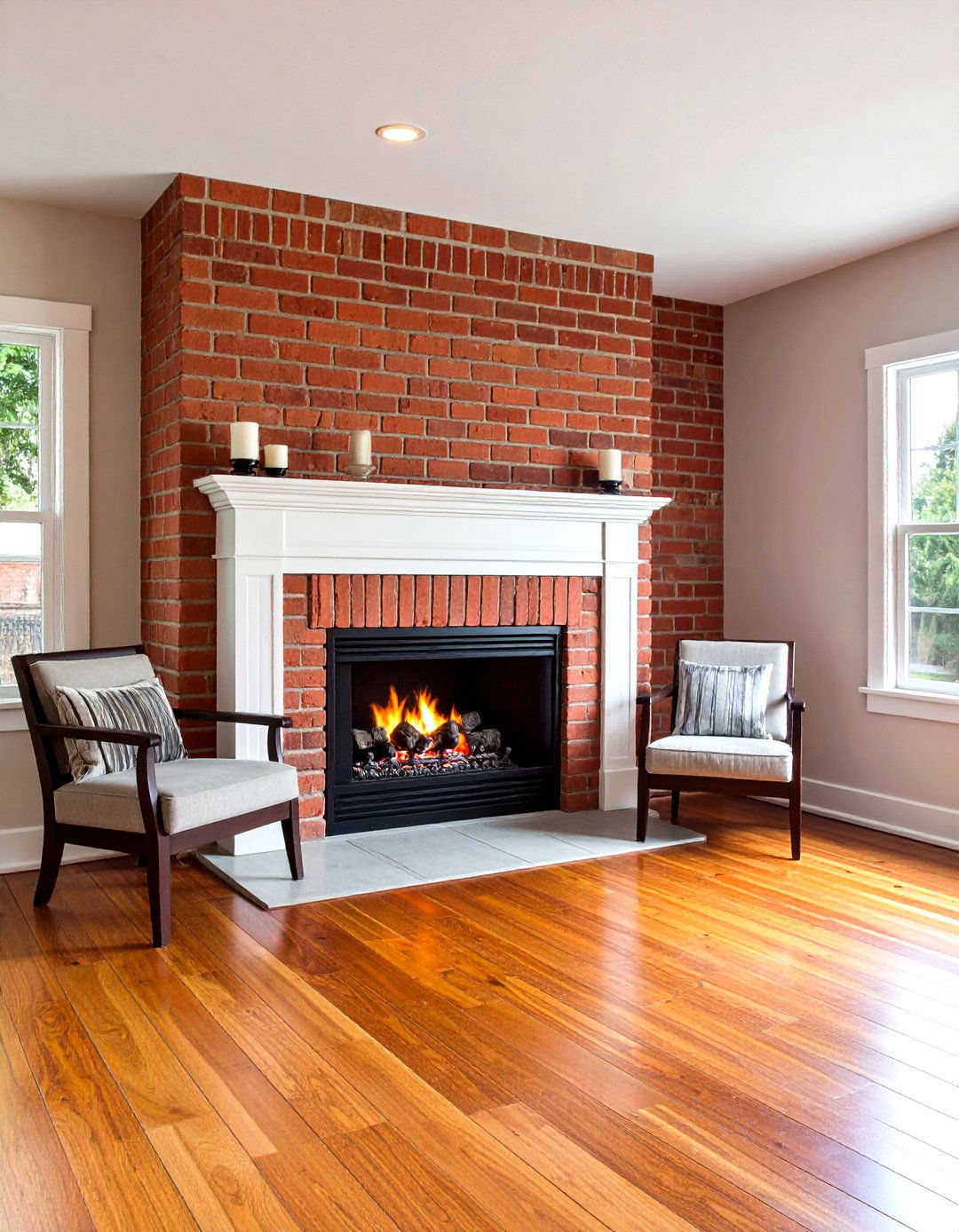 Gas Basement Fireplace with Brick Accent Wall - 20 Basement Fireplace Ideas