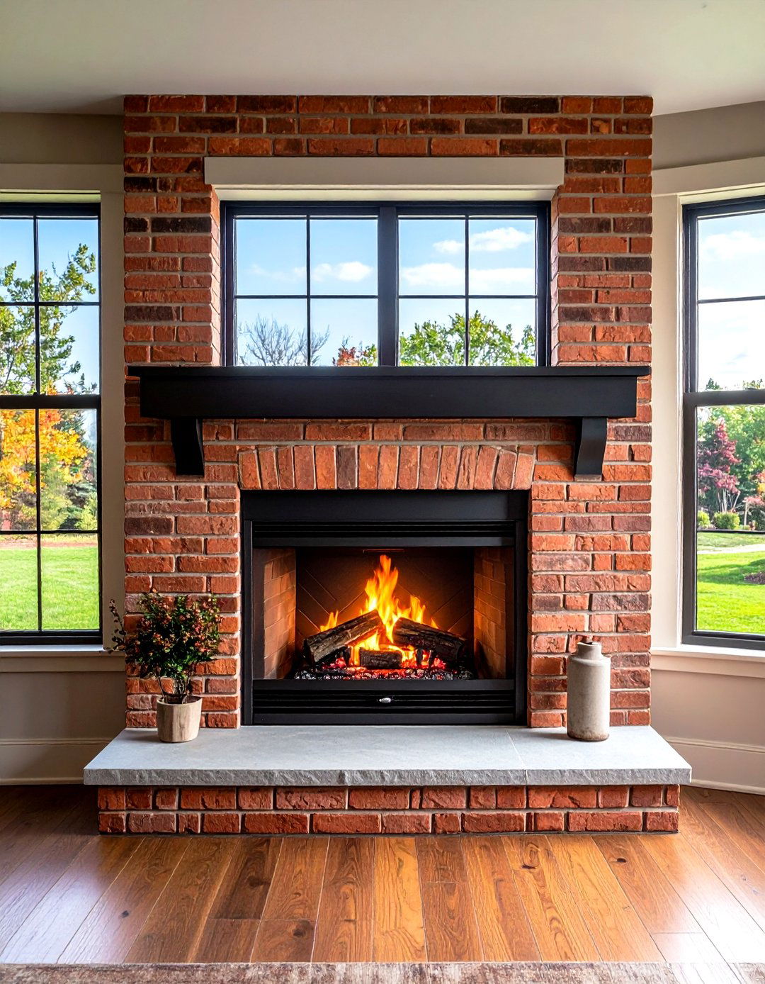 Gas Log Fireplace in Brick Nook - 20 Sunroom With Fireplace Ideas