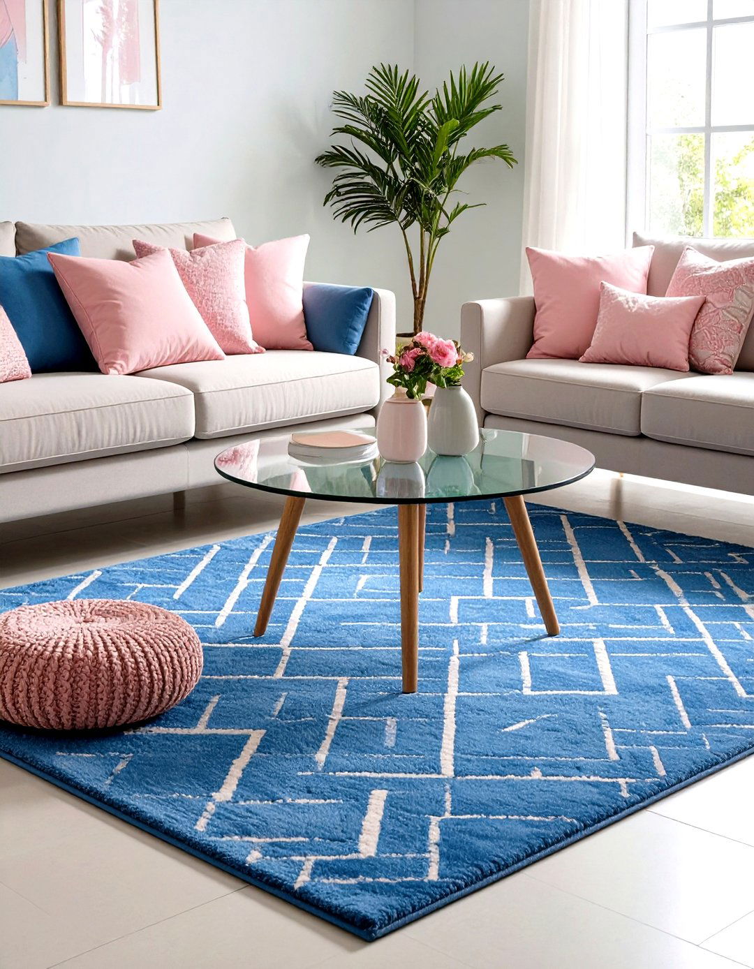 Geometric Blue Rug with Pink Accents - 20 Pink and Blue Living Room Ideas