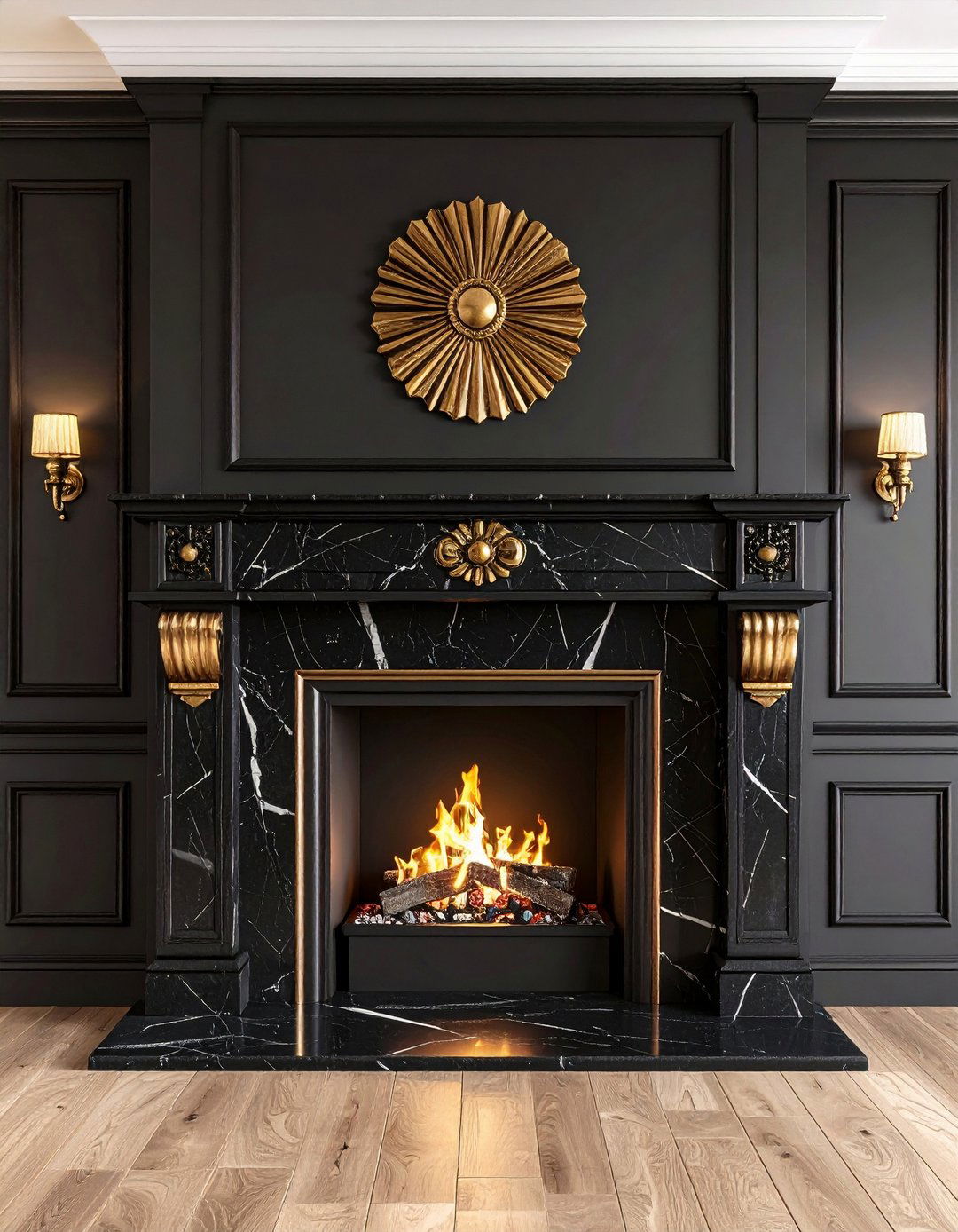 Geometric Carved Stone Channels Art Deco Glamour - 20 Black Stone Fireplace Ideas