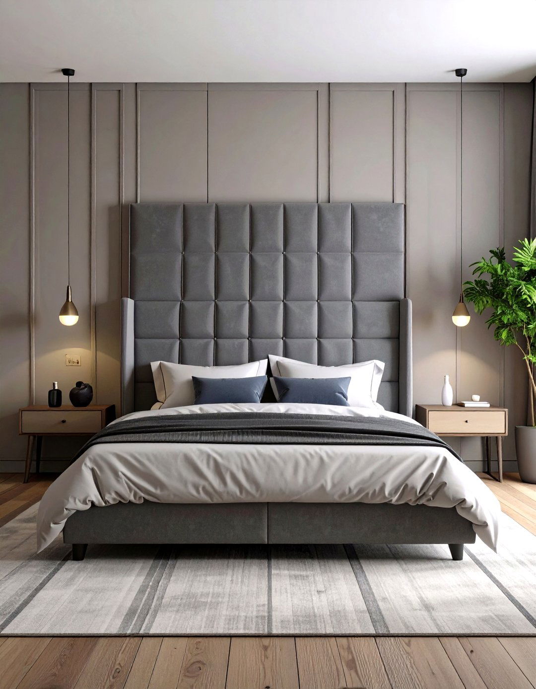 Geometric Channel Tufted Grey Headboard - 20 Grey Headboard Bedroom Ideas