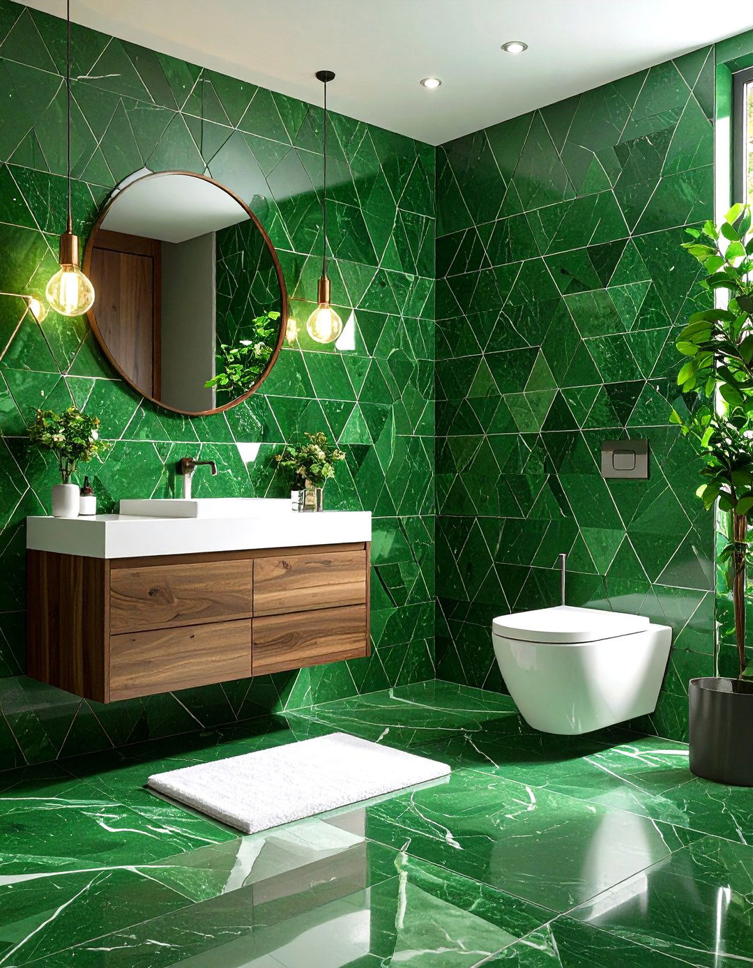Geometric Green Mosaic Tiles for an Artful Powder Room Floor - 20 Green Powder Room Ideas