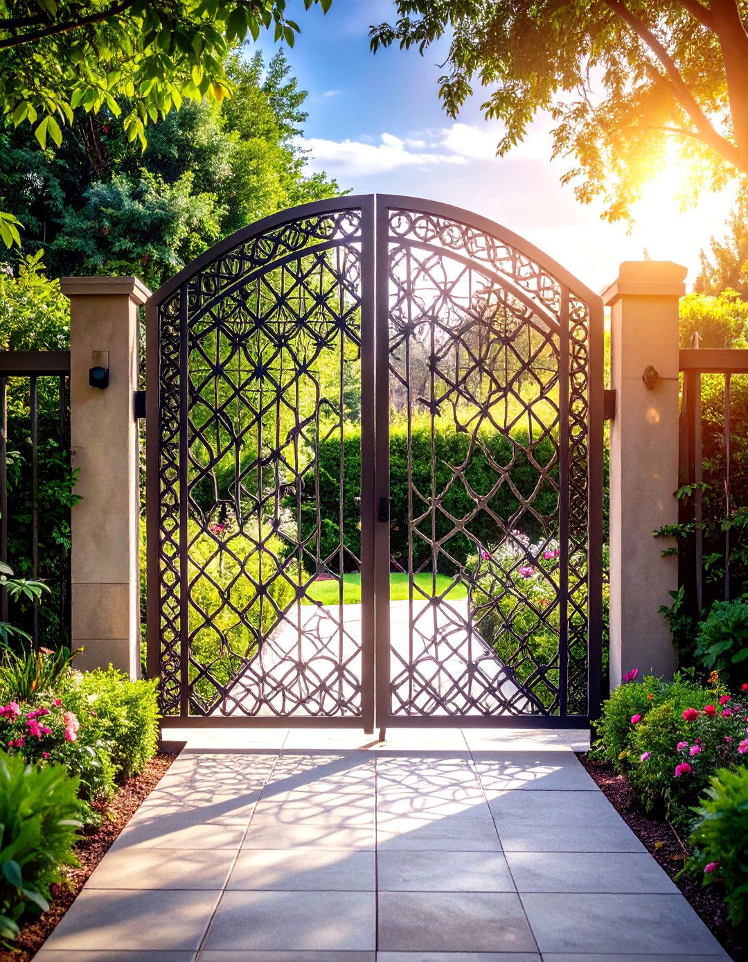 Geometric Laser Cut Metal Garden Gate with Pattern Play - 20 Metal Garden Gate Ideas