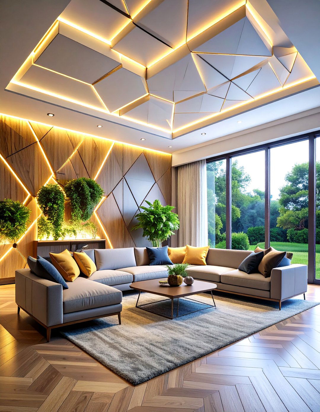 Geometric Living Room False Ceiling with LED Strip Integration - 20 Living Room False Ceiling Design Ideas