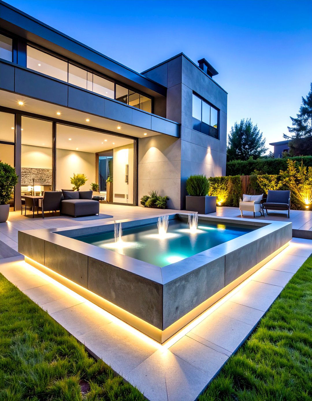 Geometric Modern Water Feature with LED Integration - 20 Water Feature Ideas
