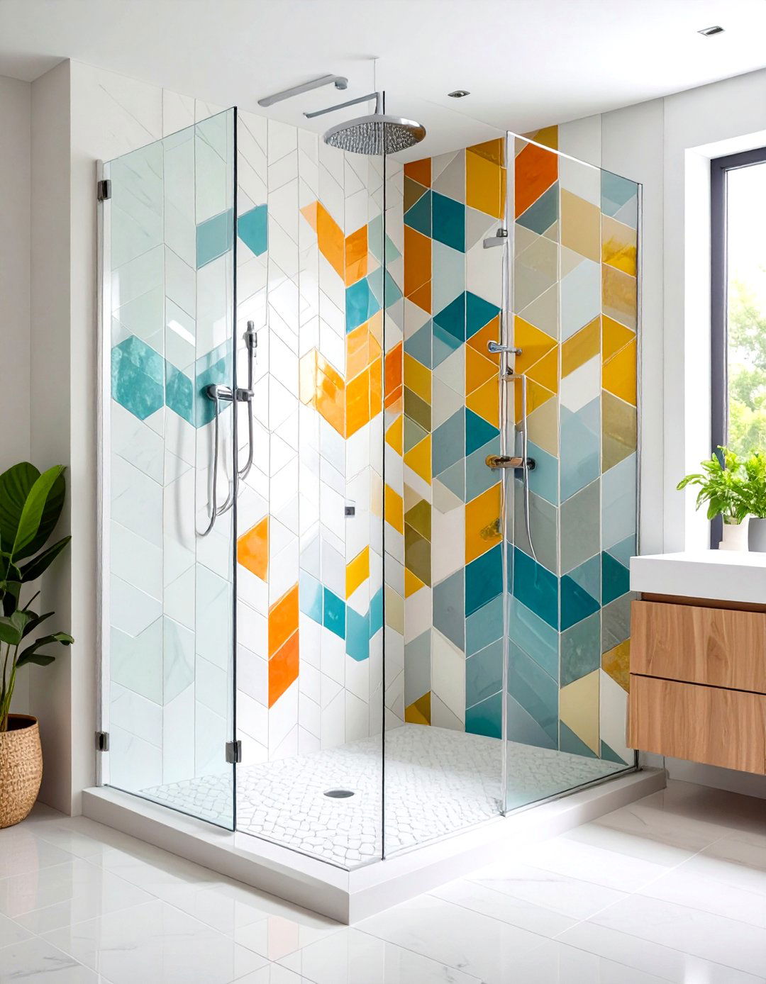 Geometric Mosaic Shower Wall Artistry - 20 Shower Wall Ideas